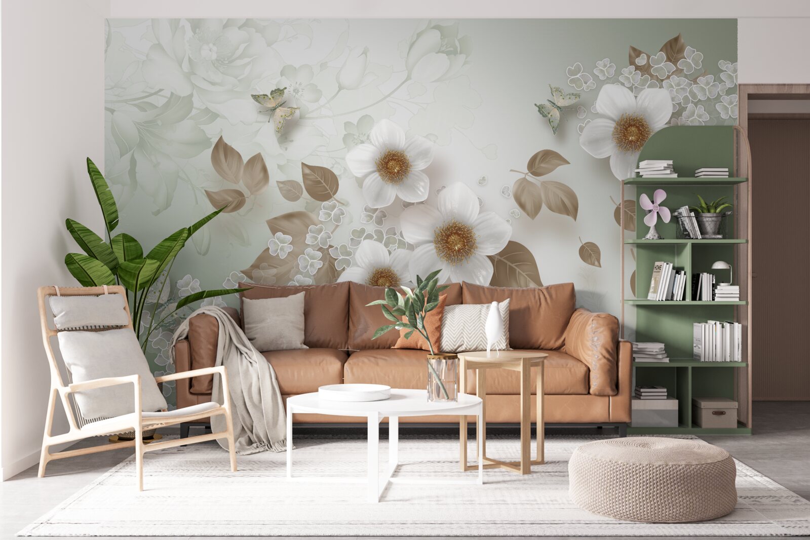 Fotobehang witte bloemen met grote knoppen en vlinders