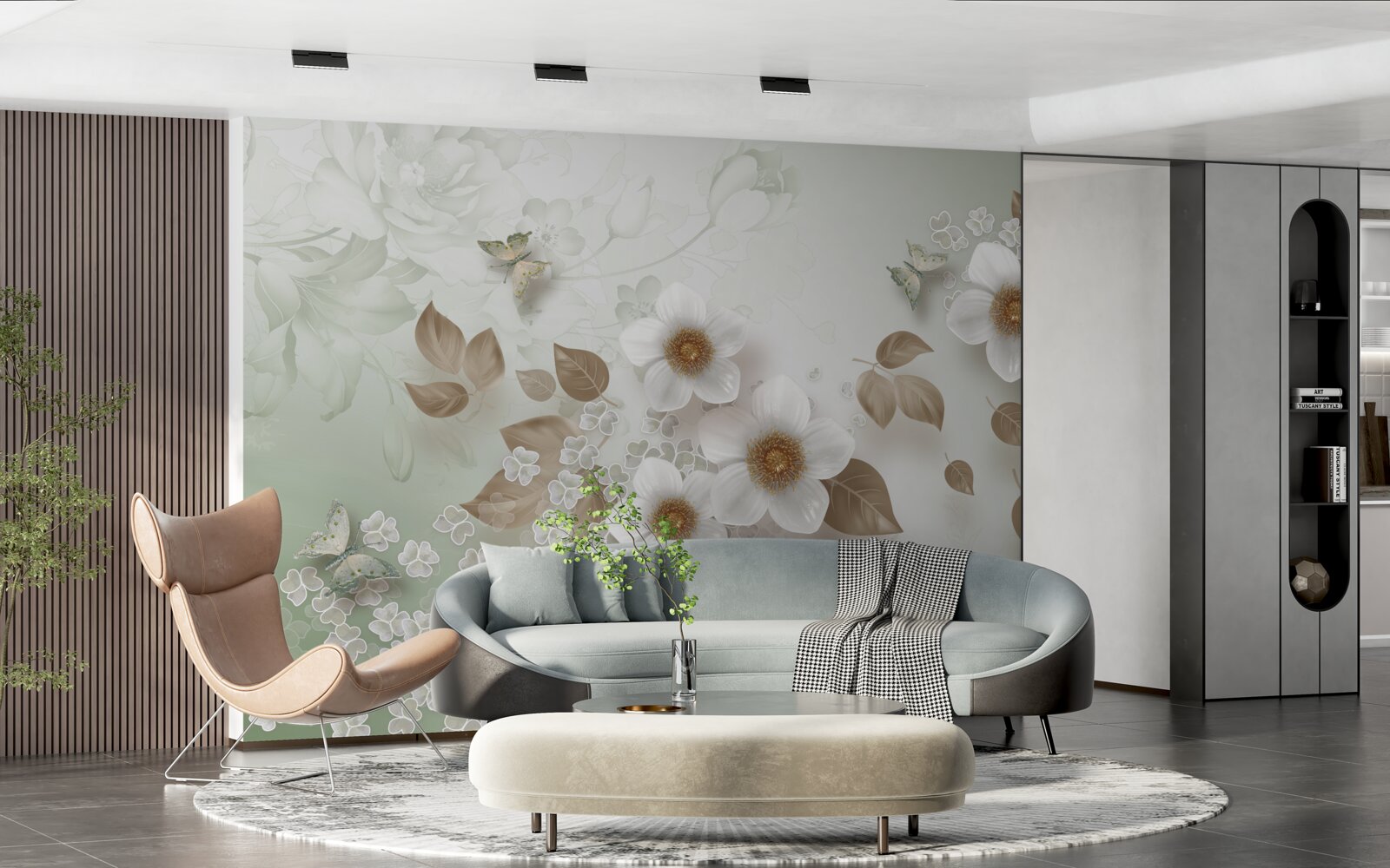 Fotobehang witte bloemen met grote knoppen en vlinders