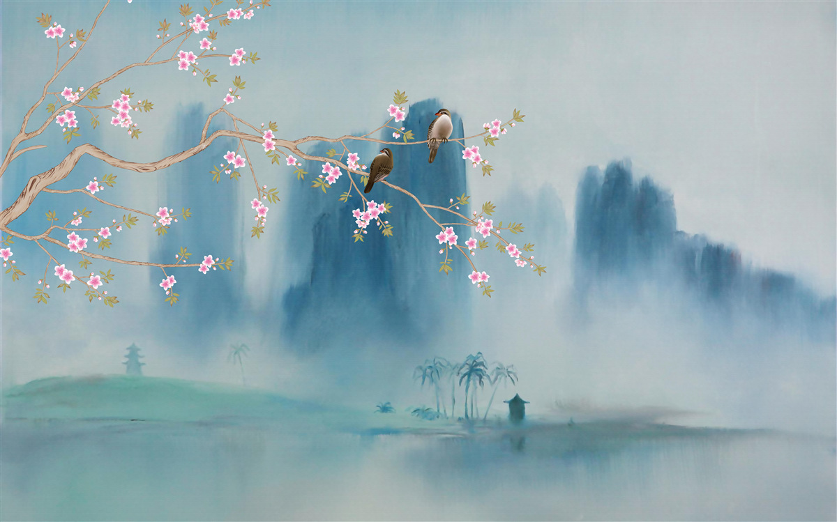 Fotobehang kersenbloesems vertakken zich boven een meer bedekt met mist