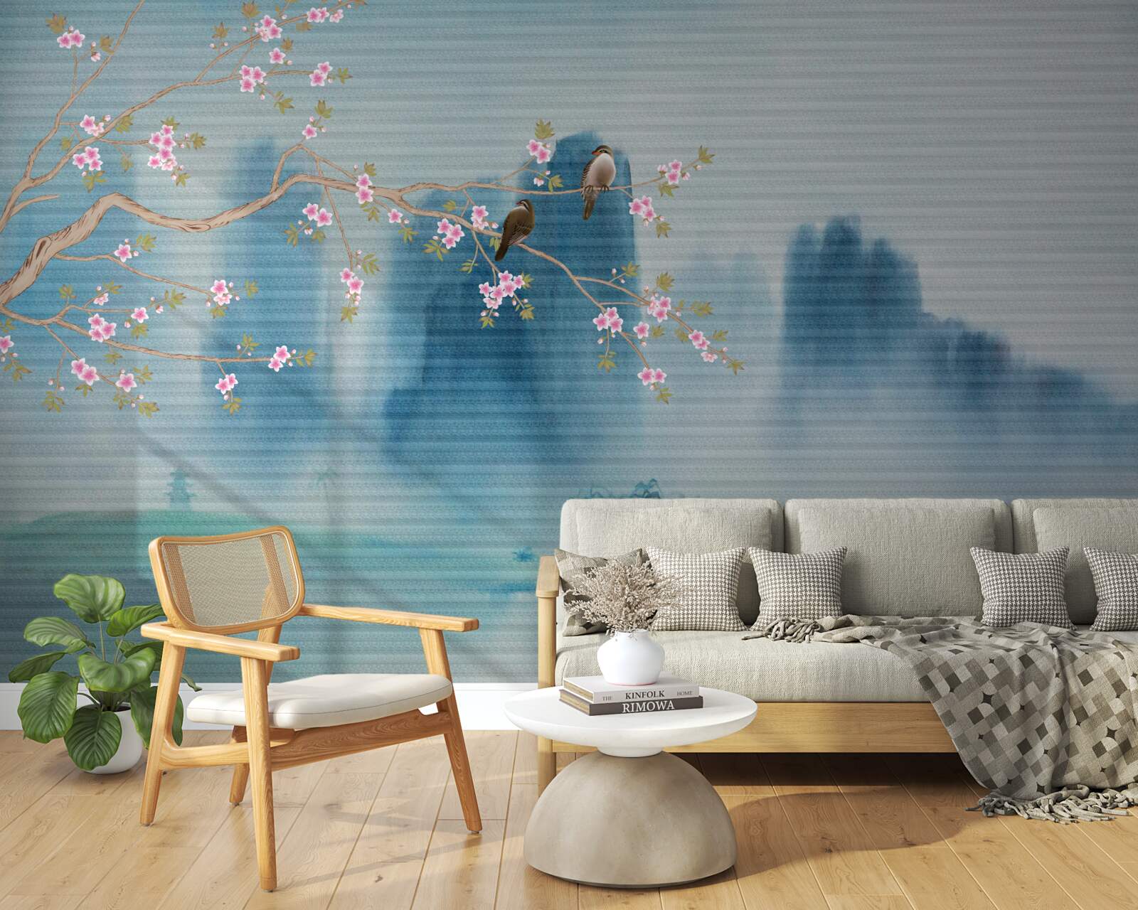 Fotobehang kersenbloesems vertakken zich boven een meer bedekt met mist