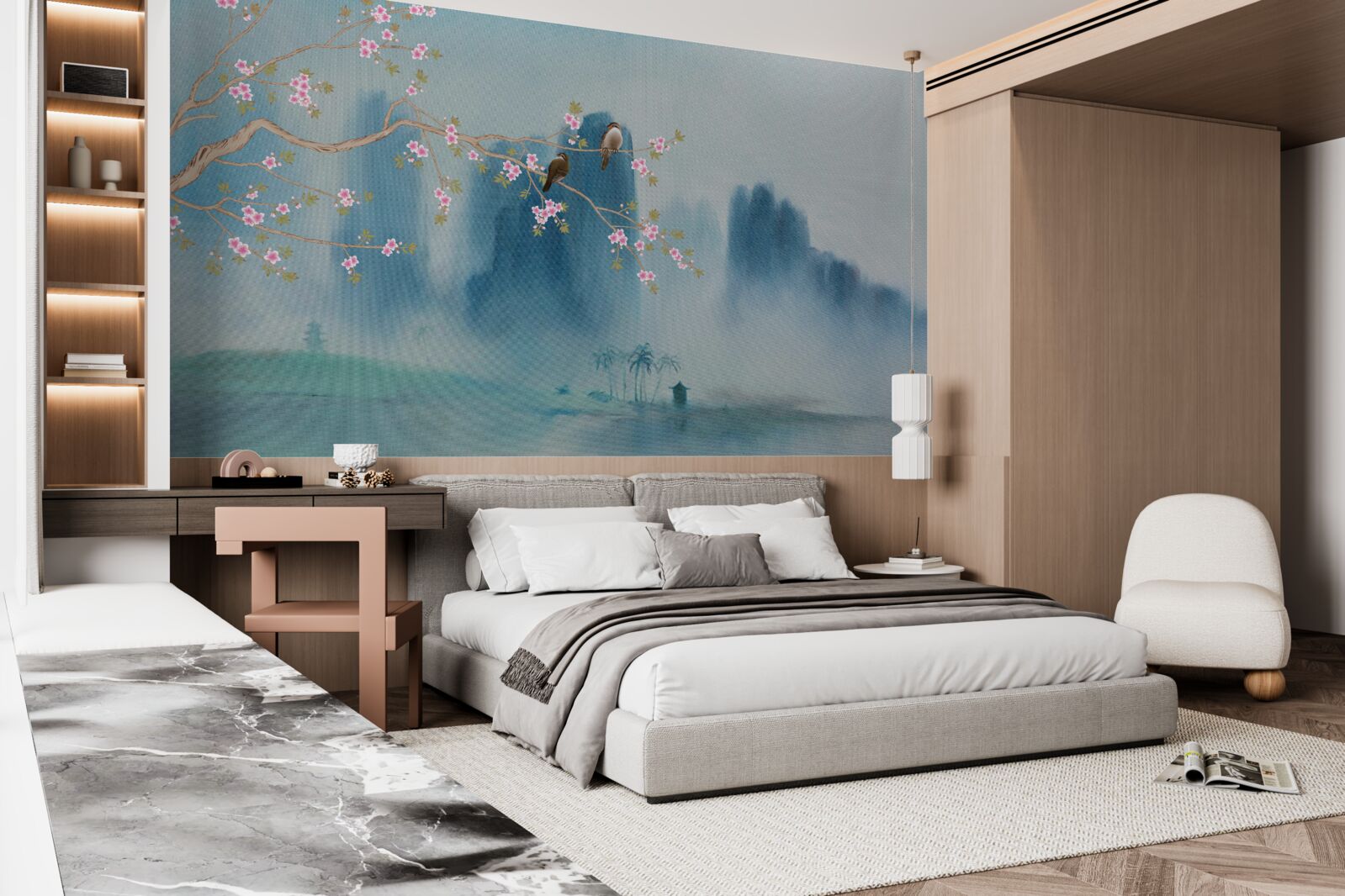 Fotobehang kersenbloesems vertakken zich boven een meer bedekt met mist