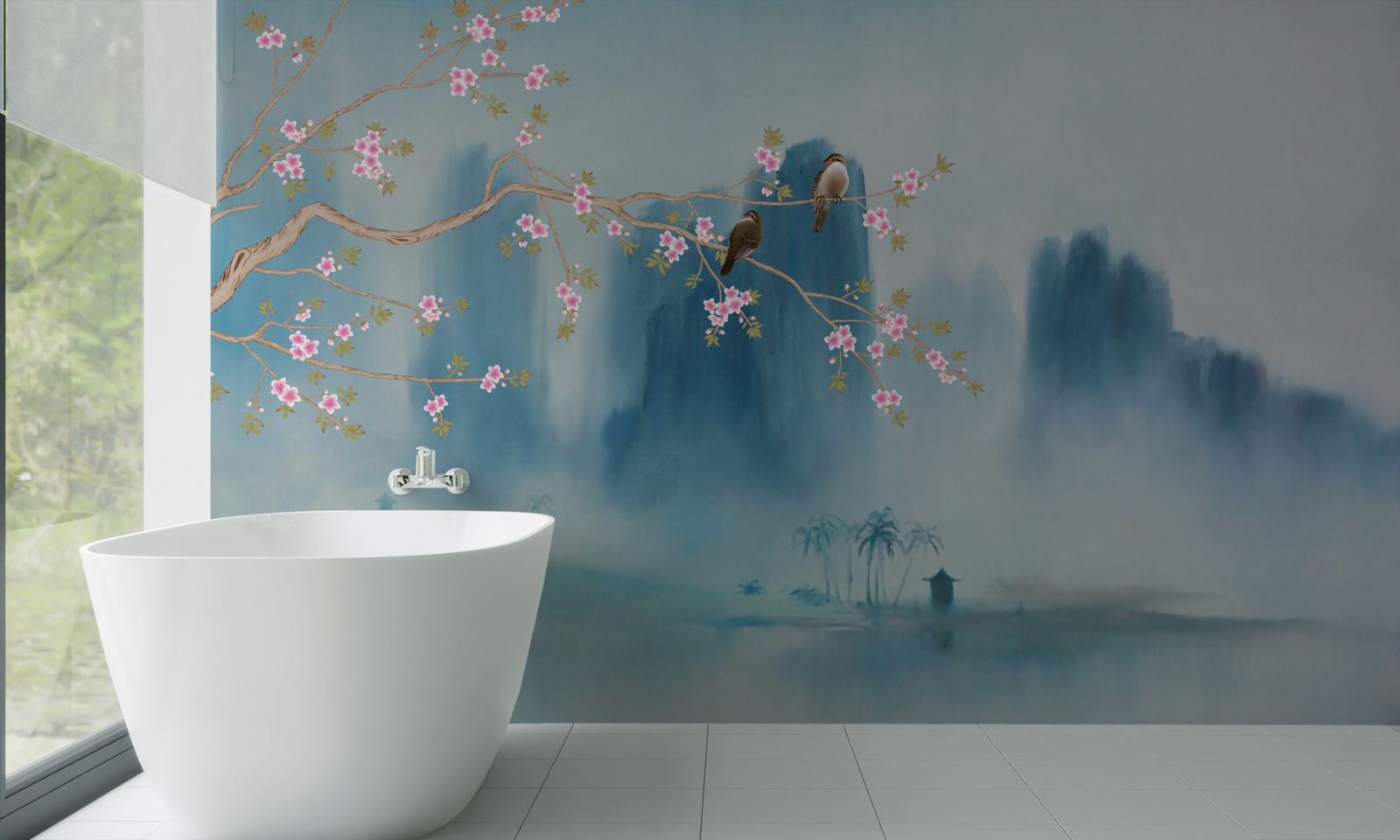 Fotobehang kersenbloesems vertakken zich boven een meer bedekt met mist