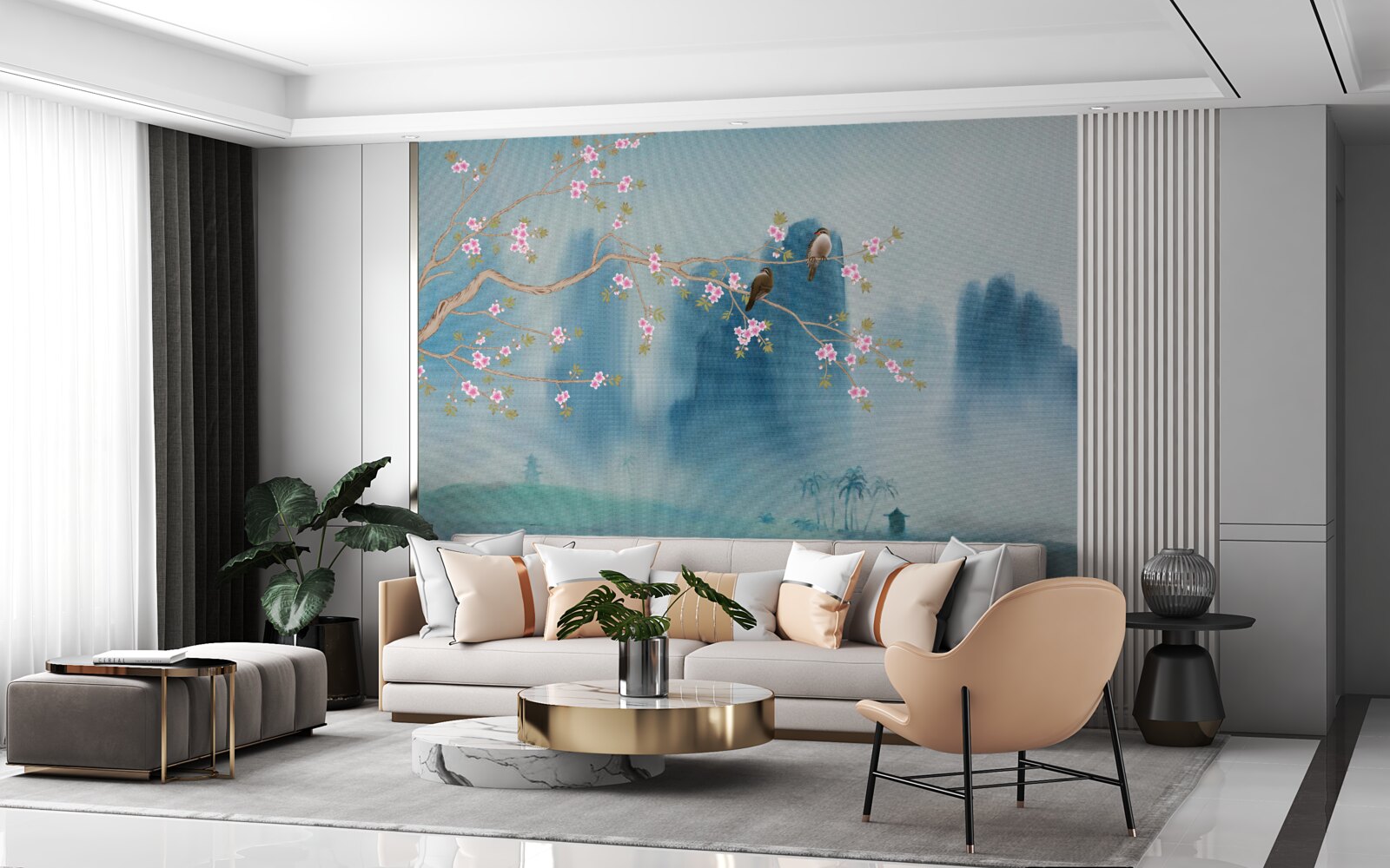 Fotobehang kersenbloesems vertakken zich boven een meer bedekt met mist