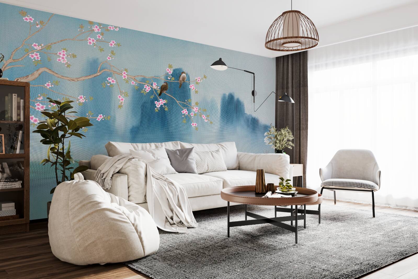 Fotobehang kersenbloesems vertakken zich boven een meer bedekt met mist