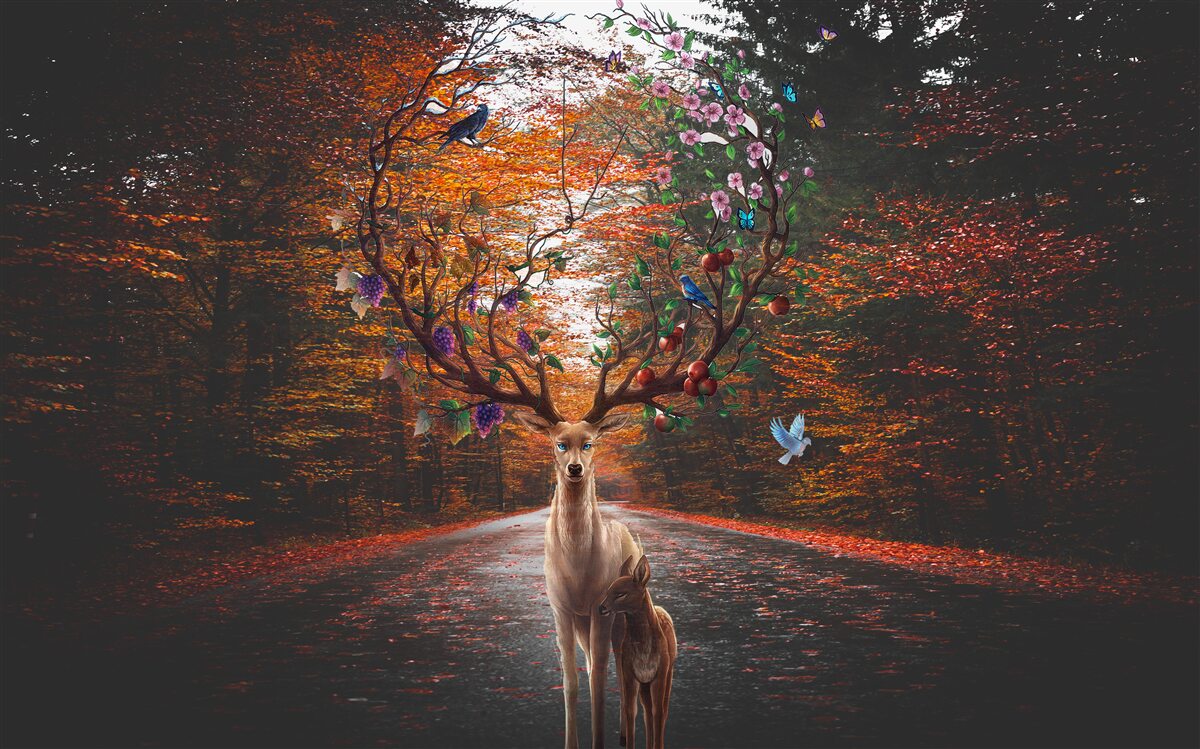 Fotobehang herfstperiode en perfecte geweien van volwassen herten