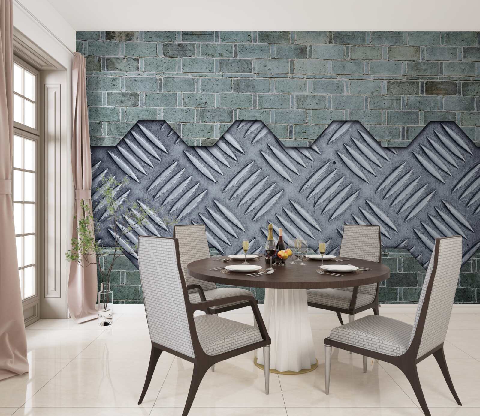 Fotobehang bakstenen muur met aluminium beplating