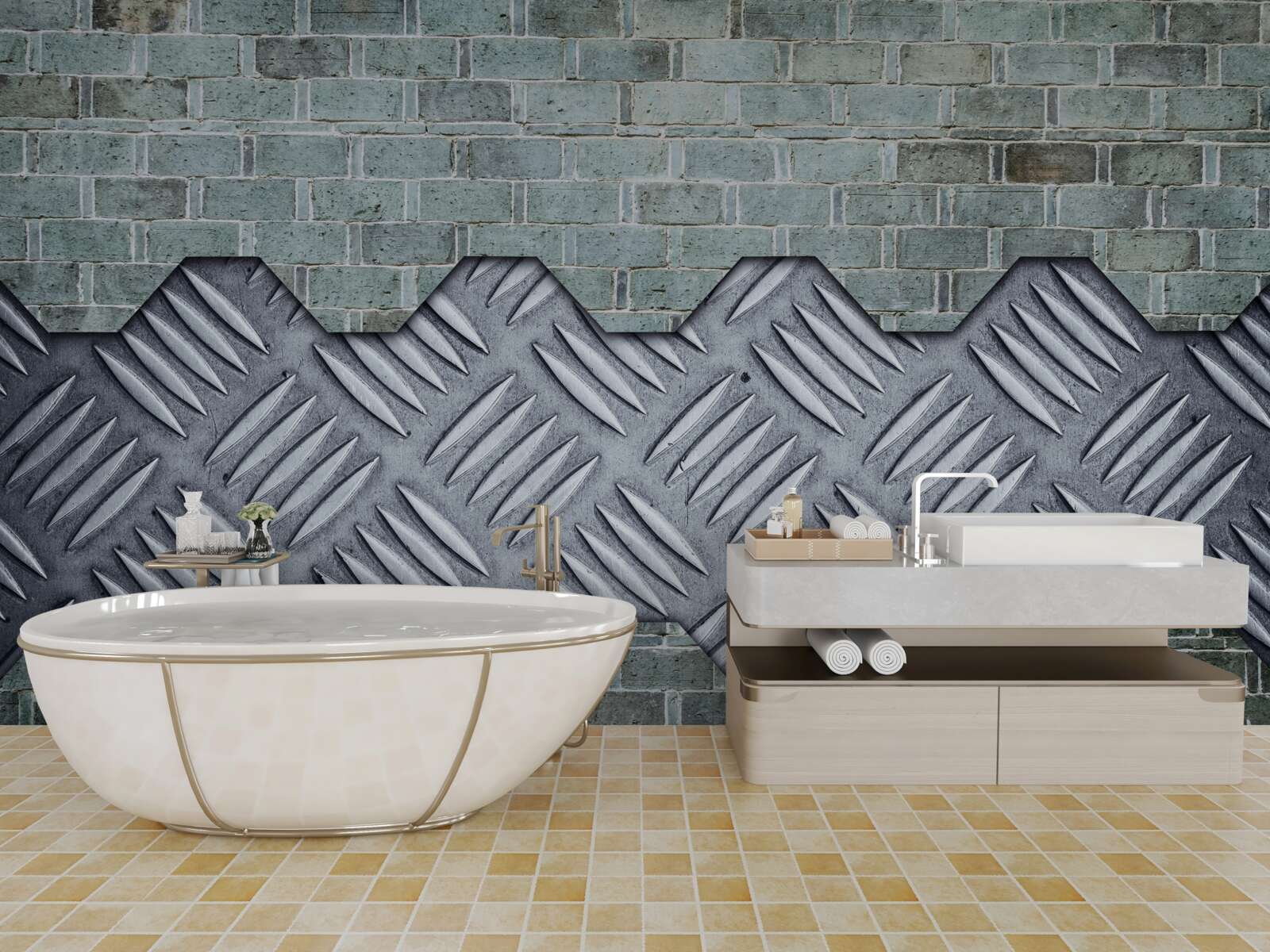 Fotobehang bakstenen muur met aluminium beplating