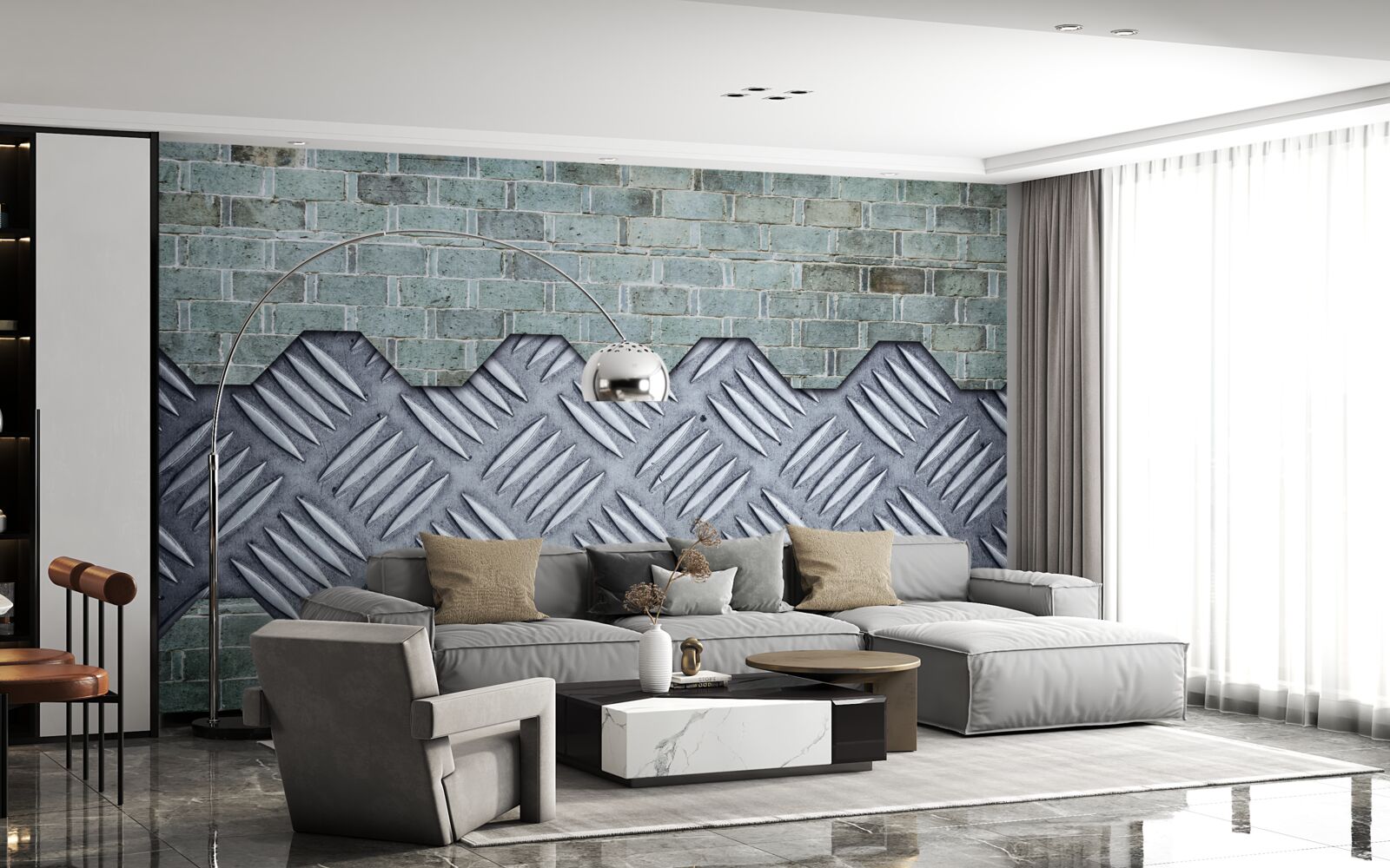 Fotobehang bakstenen muur met aluminium beplating