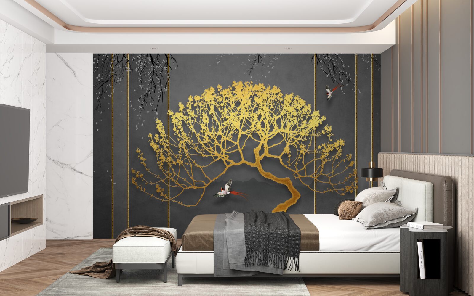 Fotobehang silhouet van een bonsaiboom glimmend in goud