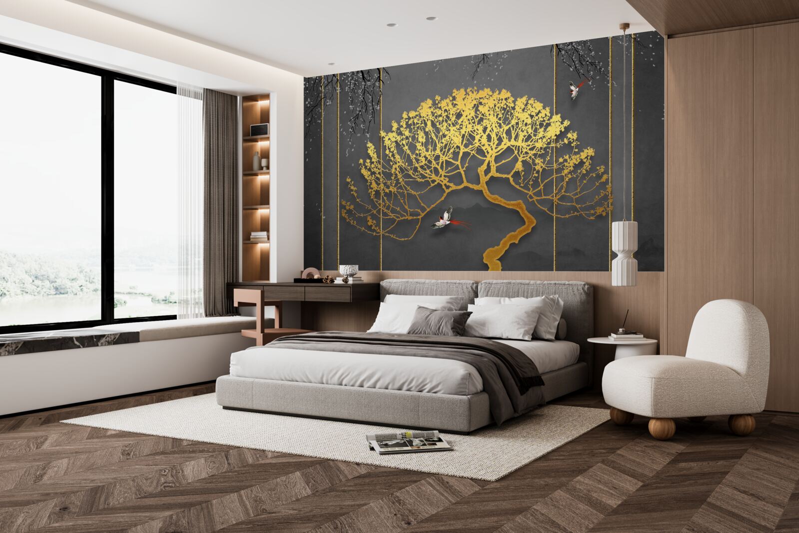 Fotobehang silhouet van een bonsaiboom glimmend in goud