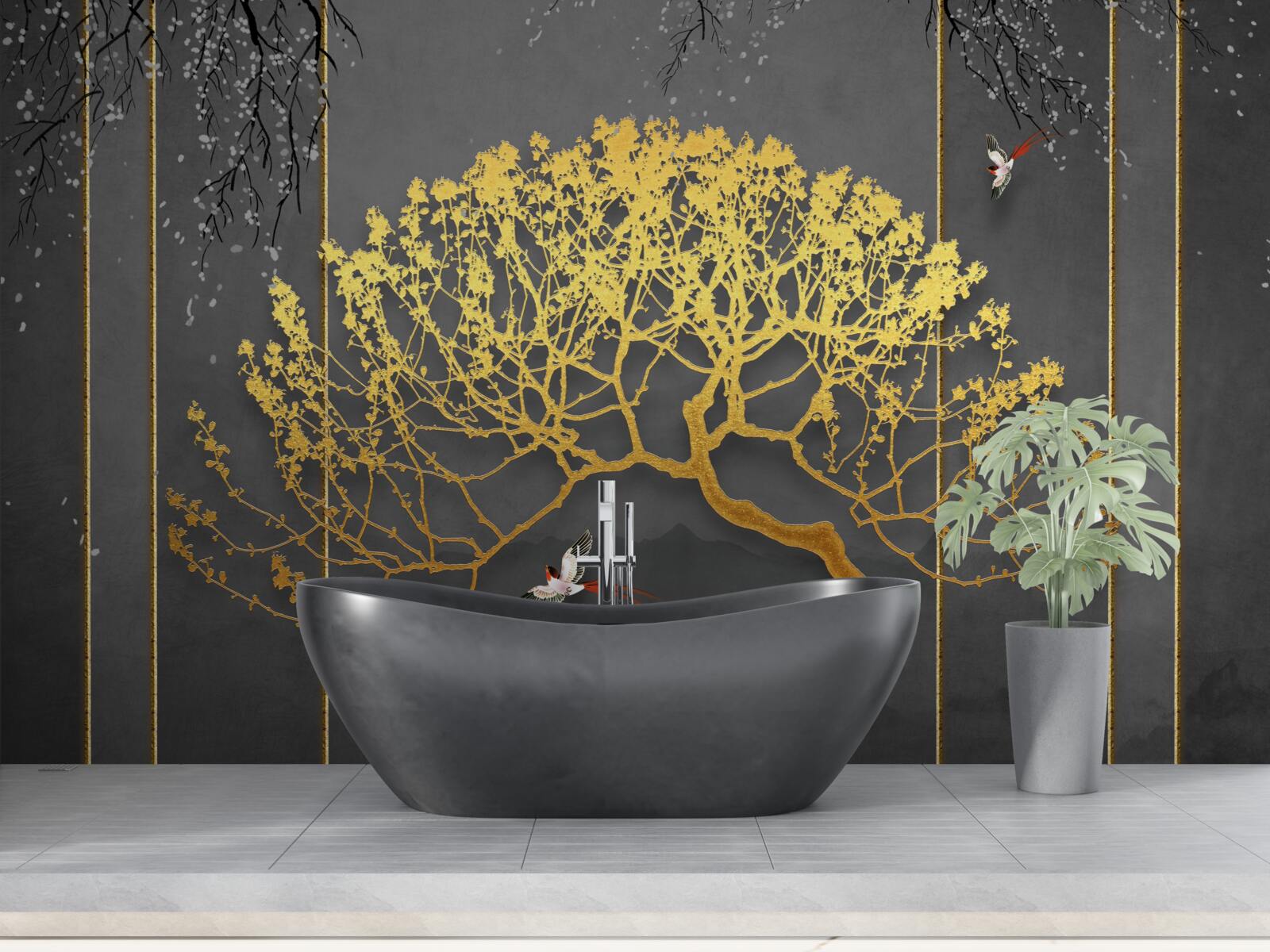 Fotobehang silhouet van een bonsaiboom glimmend in goud