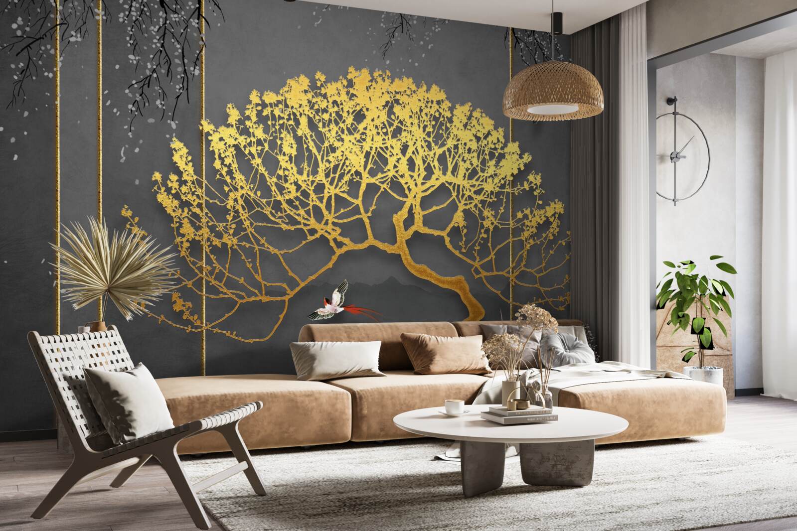 Fotobehang silhouet van een bonsaiboom glimmend in goud