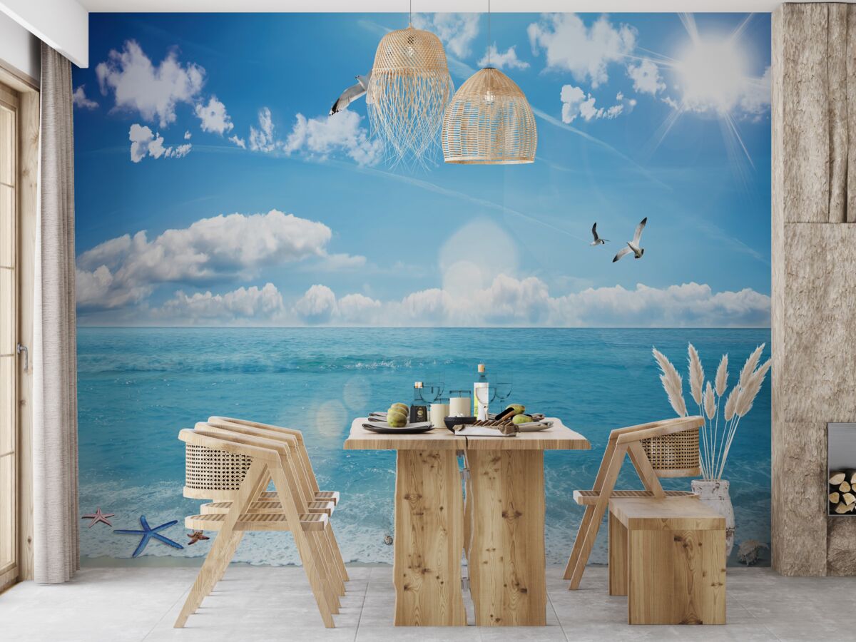 Fotobehang meeuwen boven blauwe golven