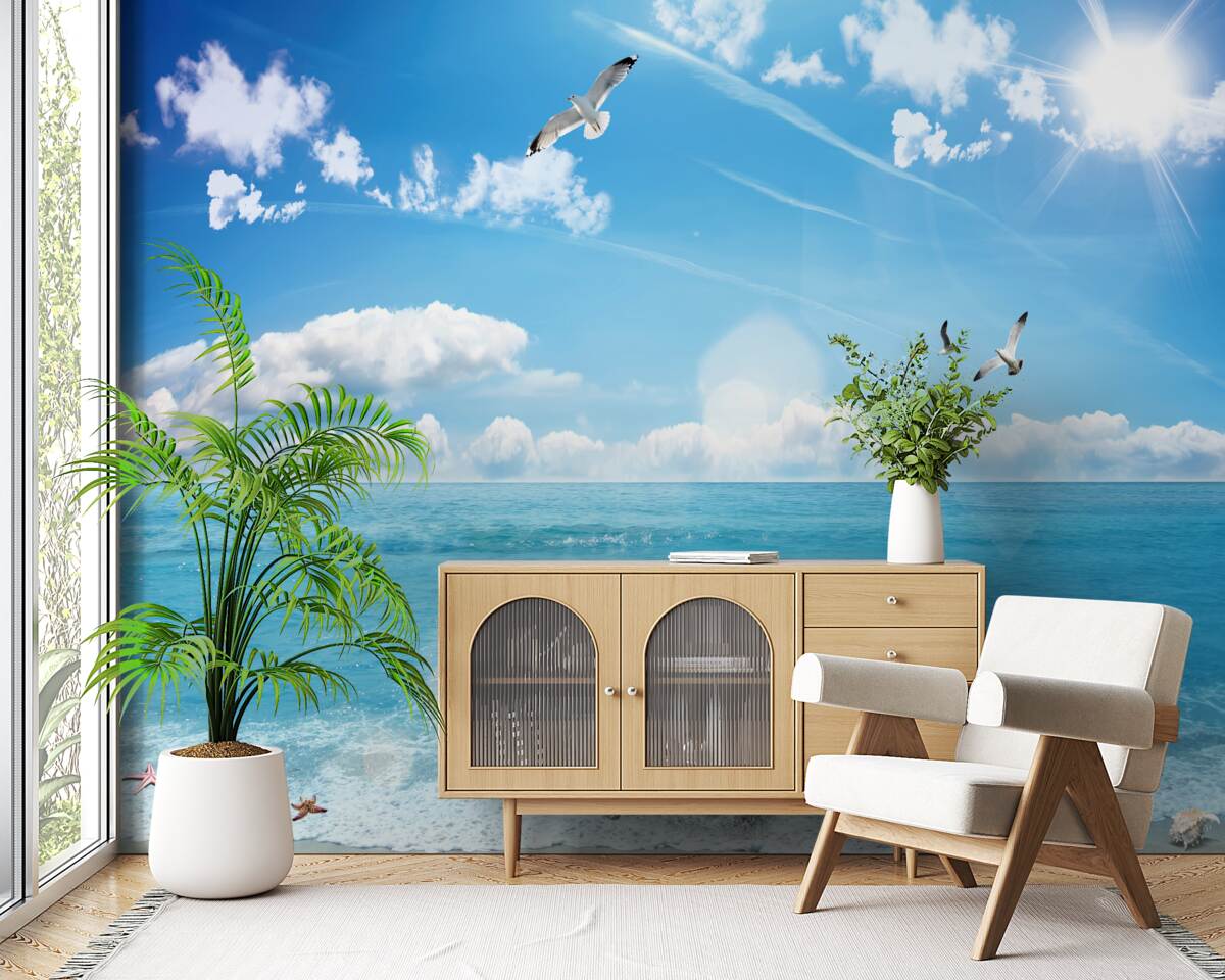 Fotobehang meeuwen boven blauwe golven