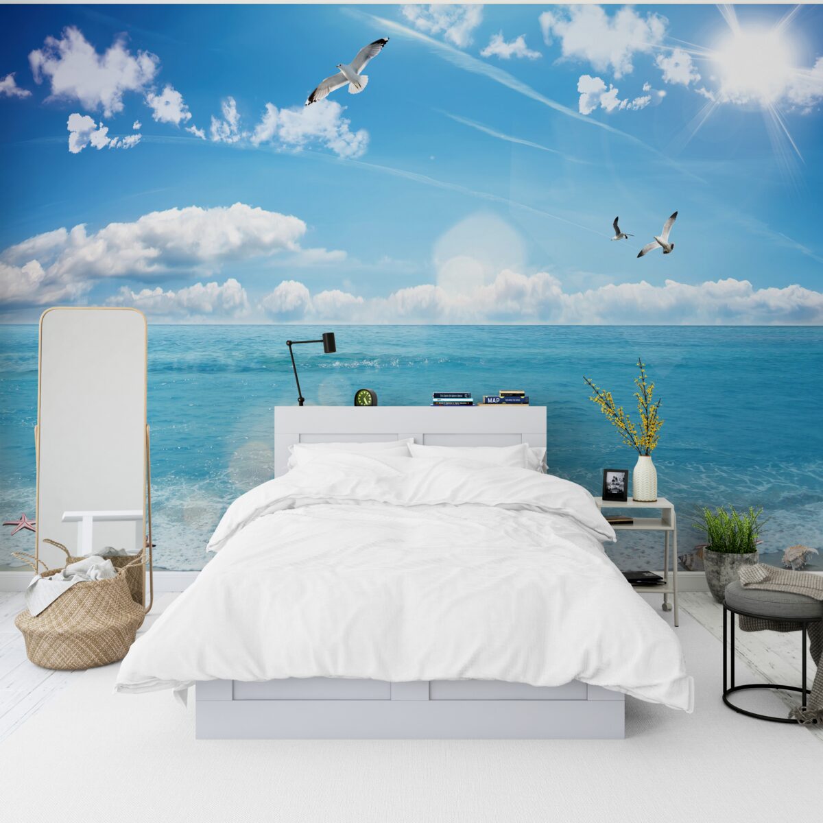 Fotobehang meeuwen boven blauwe golven