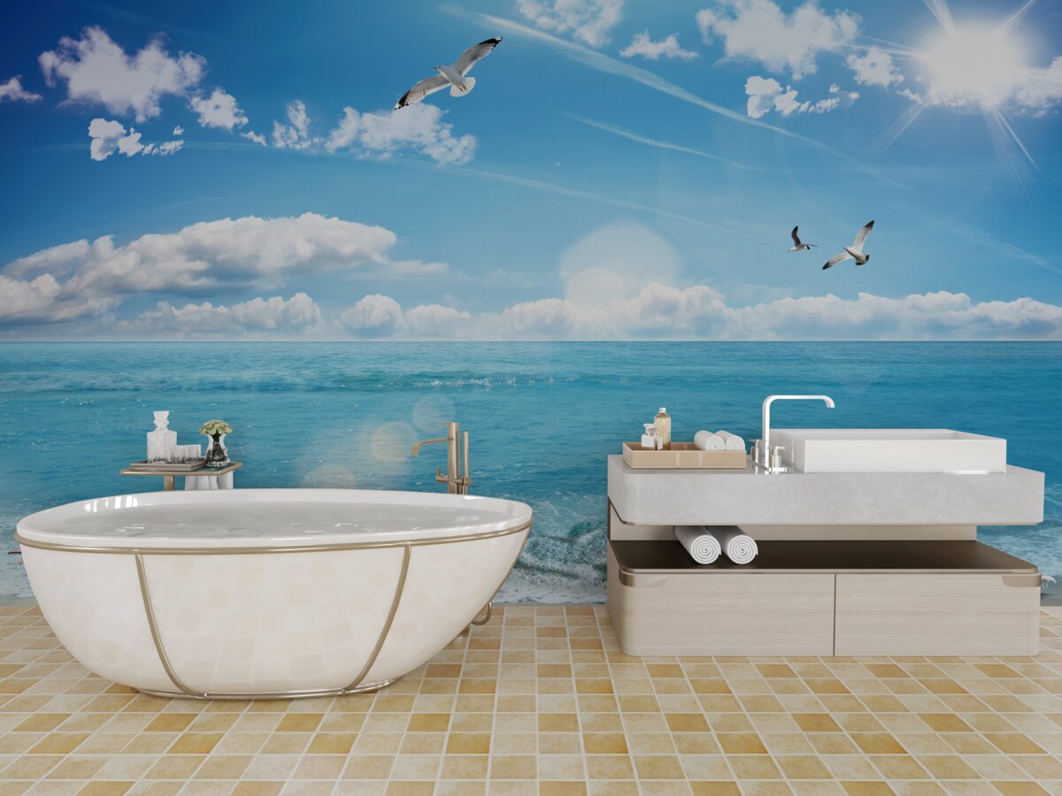 Fotobehang meeuwen boven blauwe golven