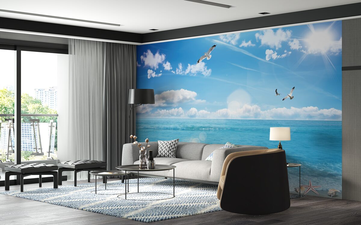 Fotobehang meeuwen boven blauwe golven