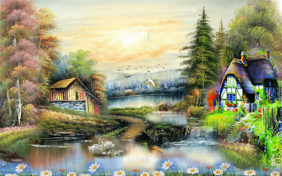 Fotobehang magisch huis aan het meer omgeven door bos