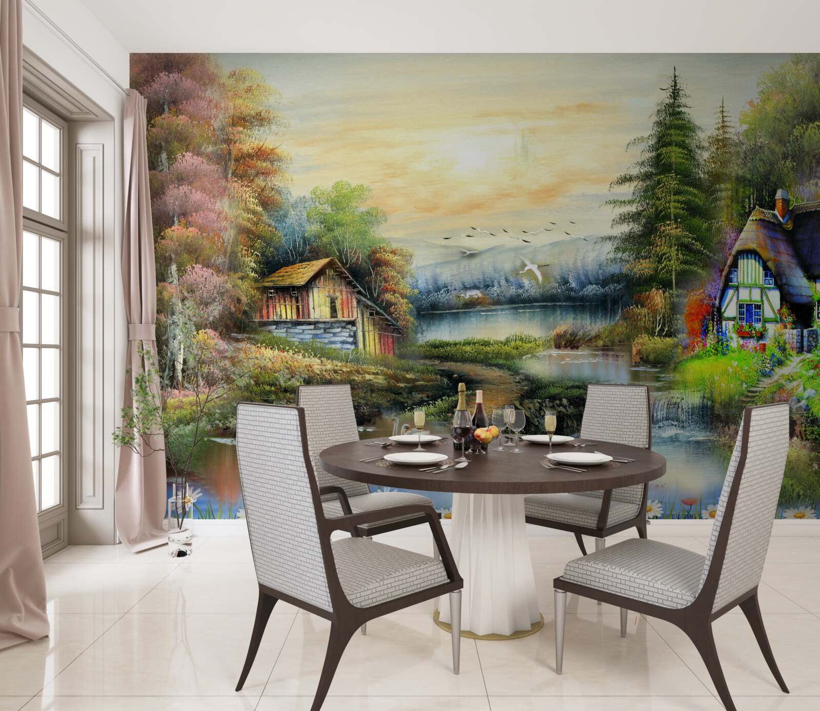 Fotobehang magisch huis aan het meer omgeven door bos