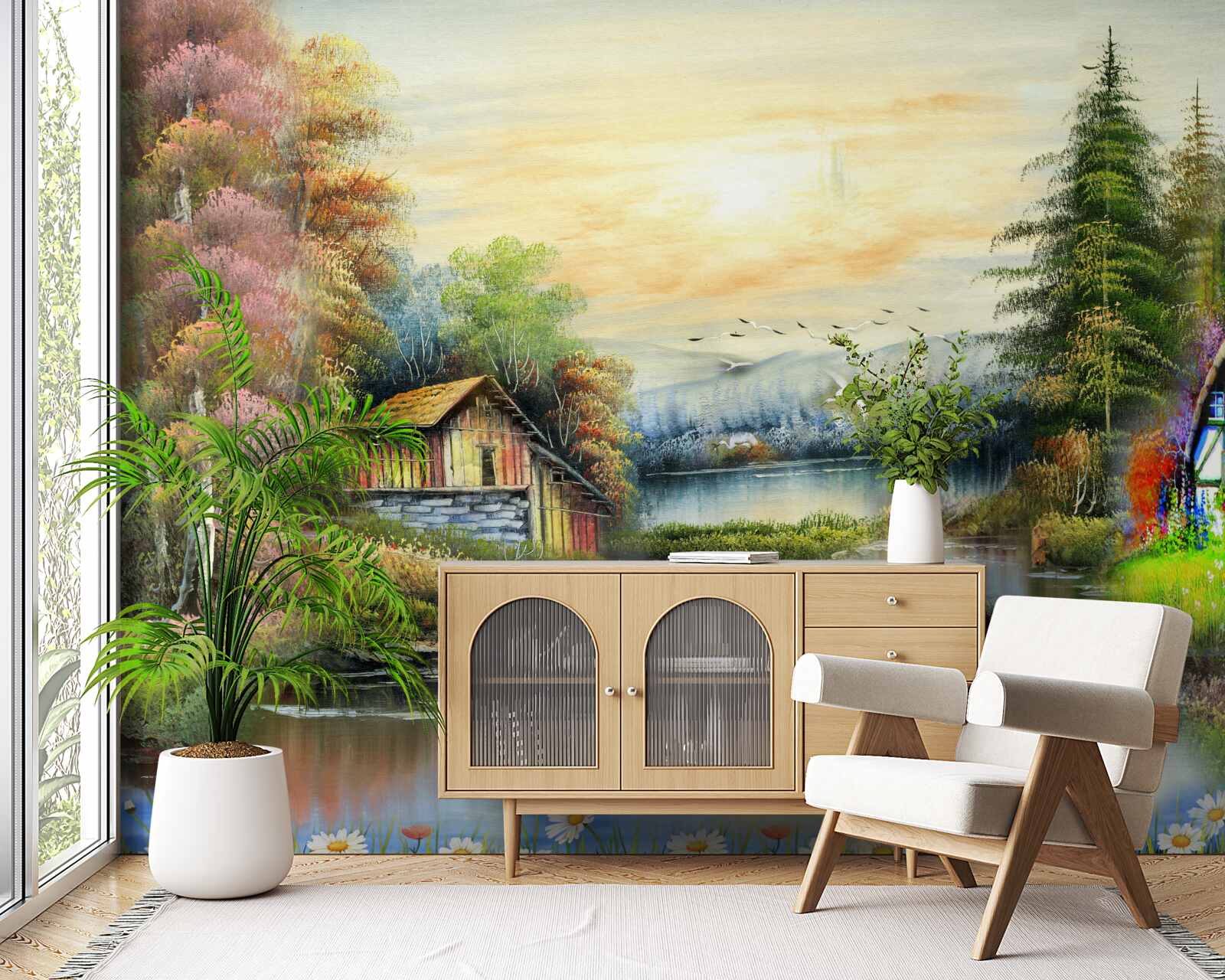 Fotobehang magisch huis aan het meer omgeven door bos