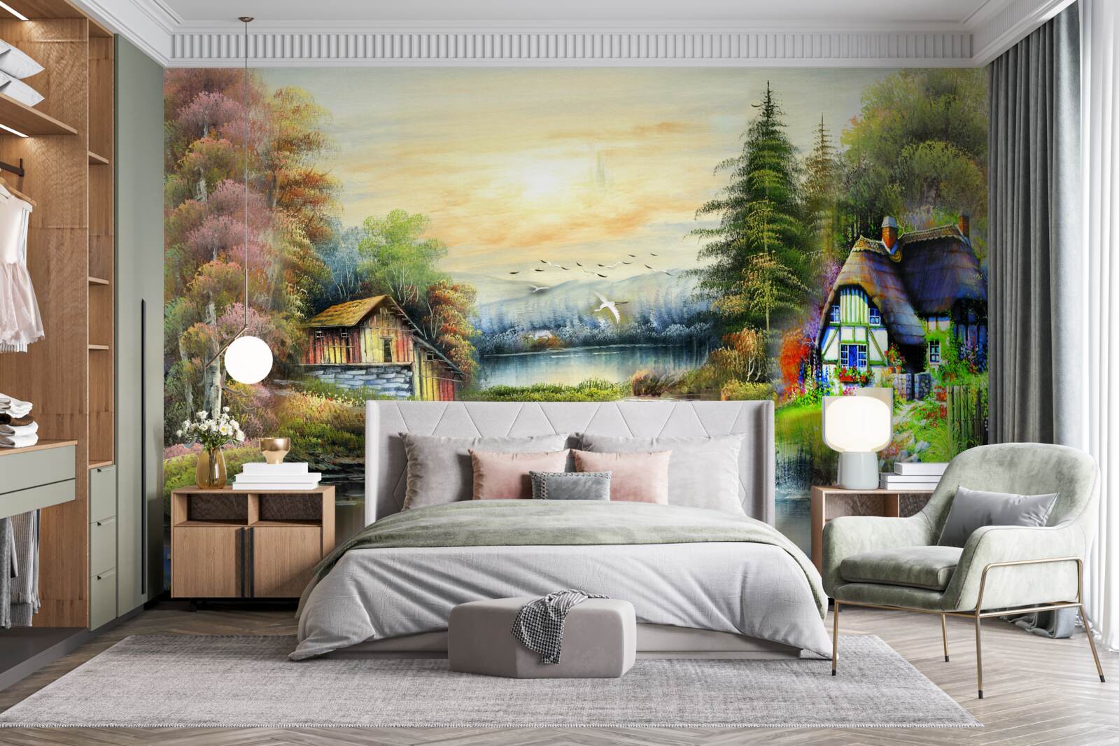 Fotobehang magisch huis aan het meer omgeven door bos