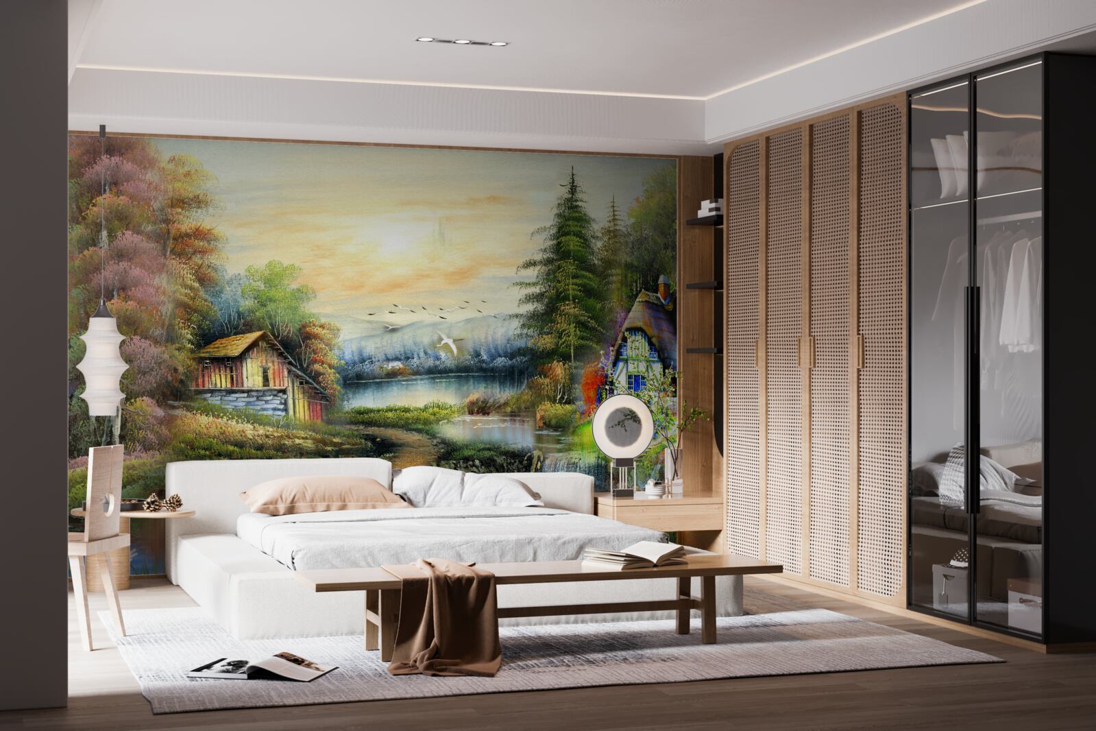 Fotobehang magisch huis aan het meer omgeven door bos