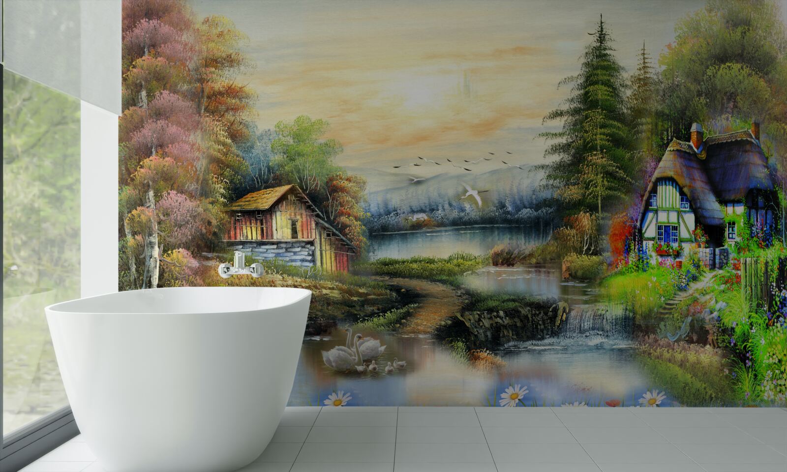 Fotobehang magisch huis aan het meer omgeven door bos