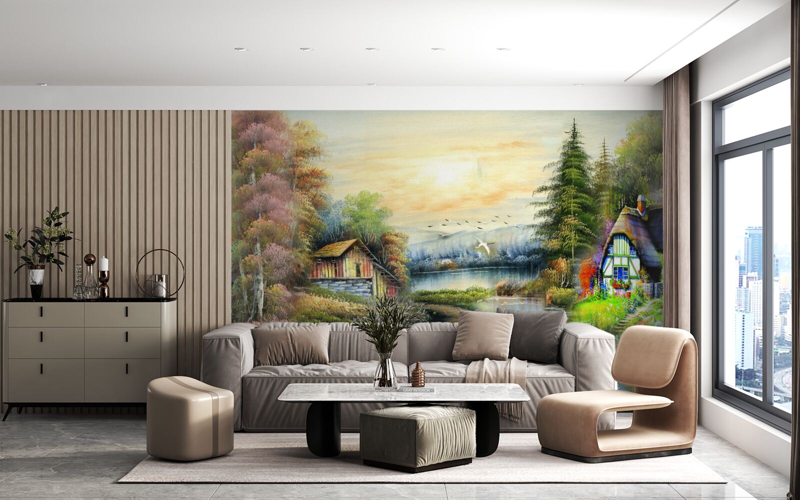 Fotobehang magisch huis aan het meer omgeven door bos