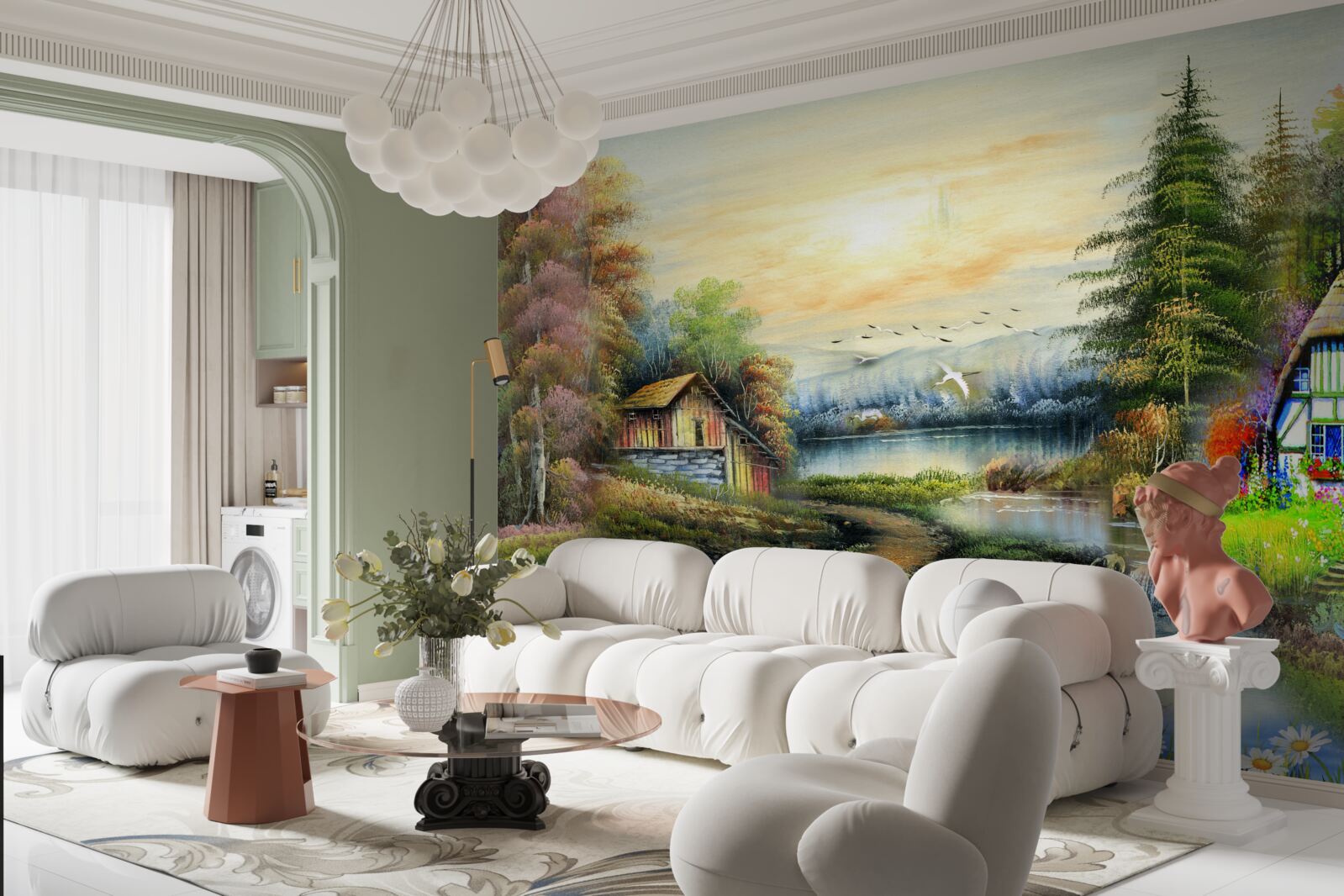 Fotobehang magisch huis aan het meer omgeven door bos