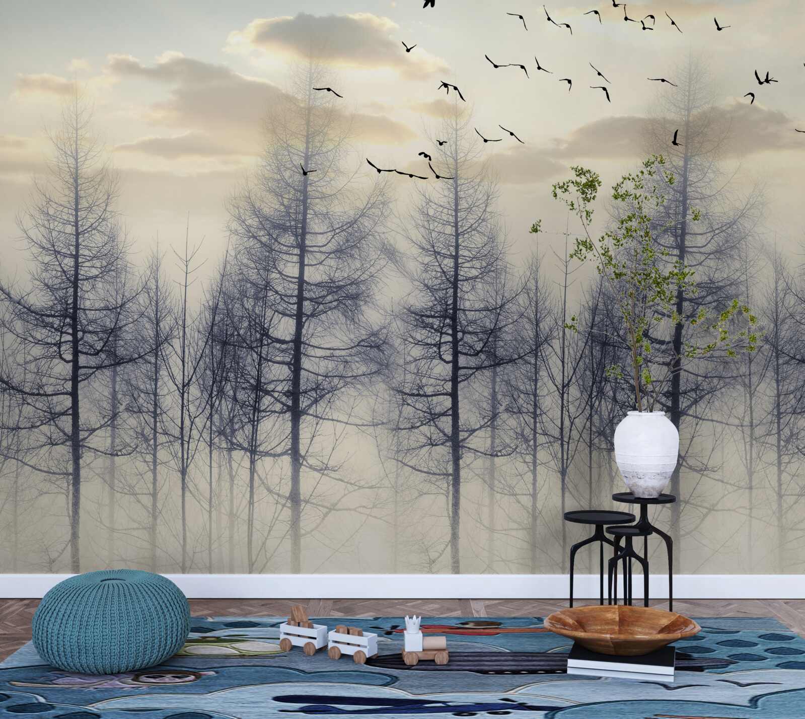 Fotobehang vroege dageraad in mistige bossen