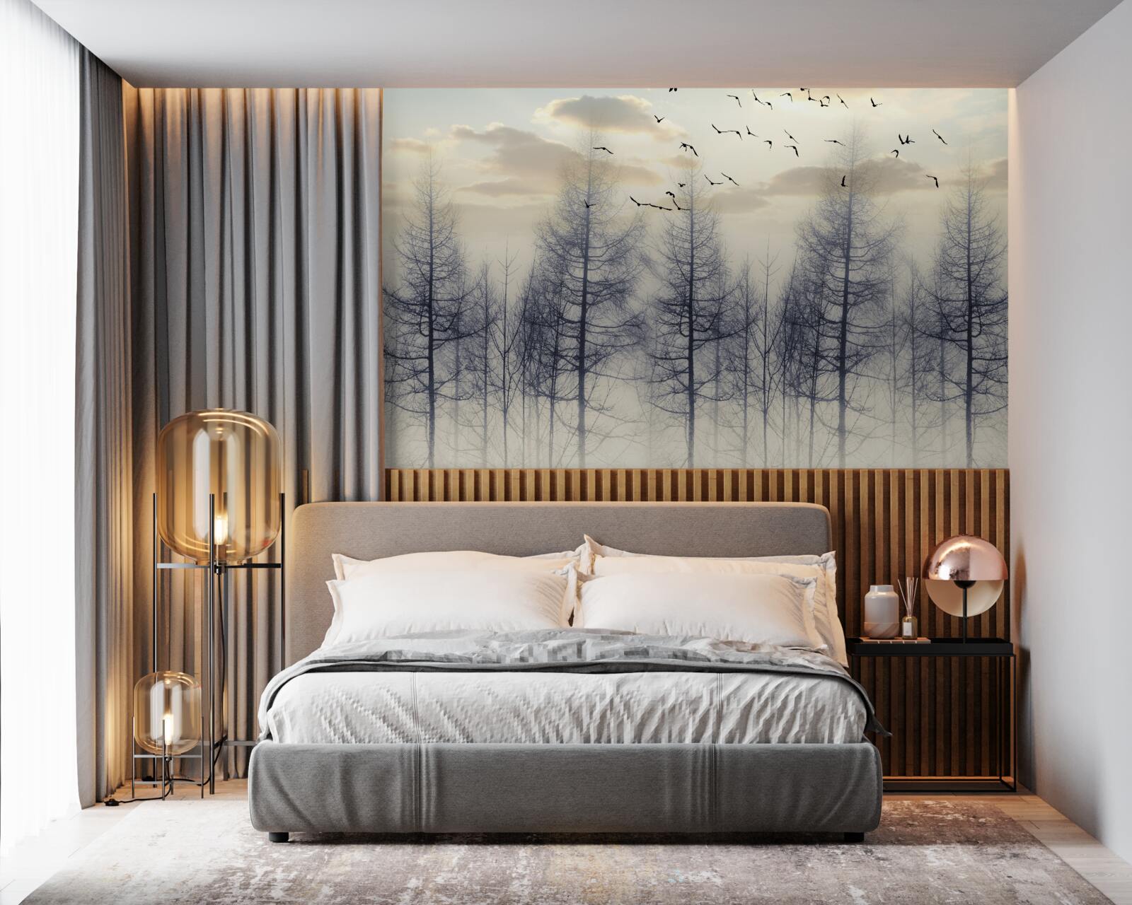 Fotobehang vroege dageraad in mistige bossen