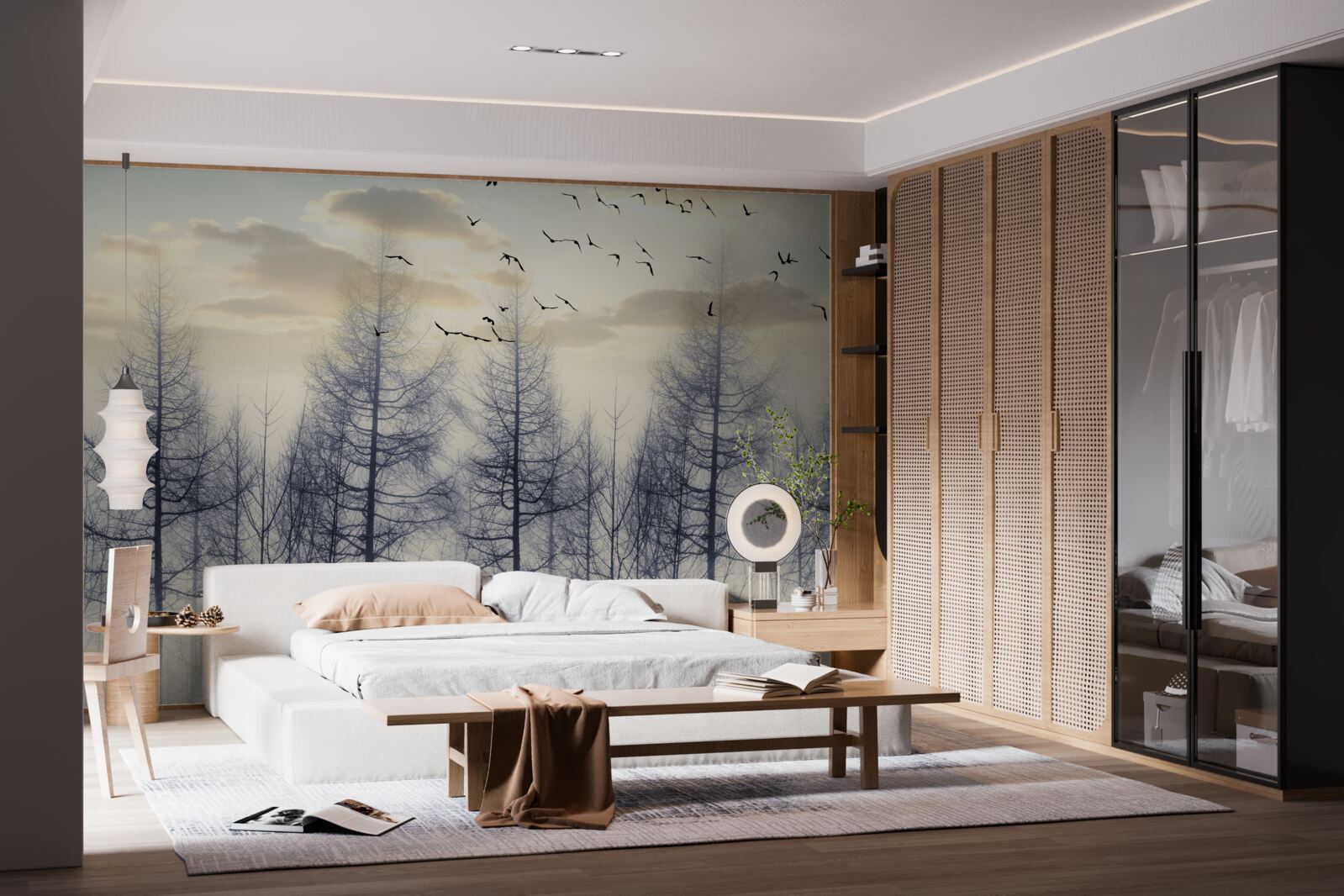 Fotobehang vroege dageraad in mistige bossen