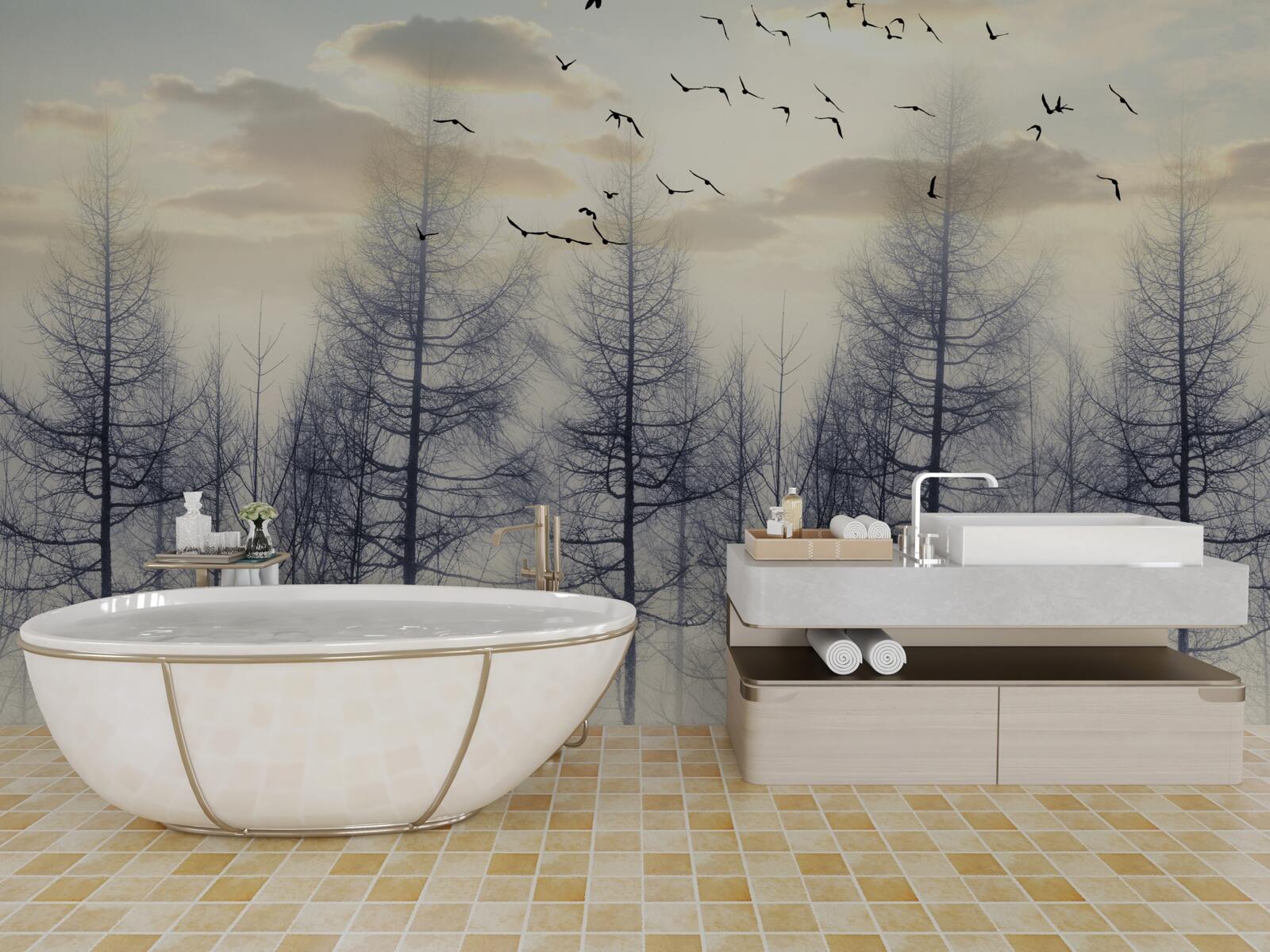 Fotobehang vroege dageraad in mistige bossen