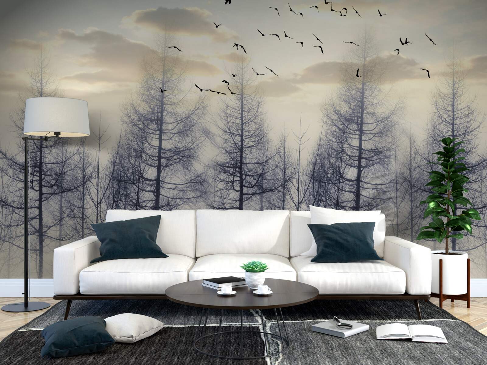 Fotobehang vroege dageraad in mistige bossen