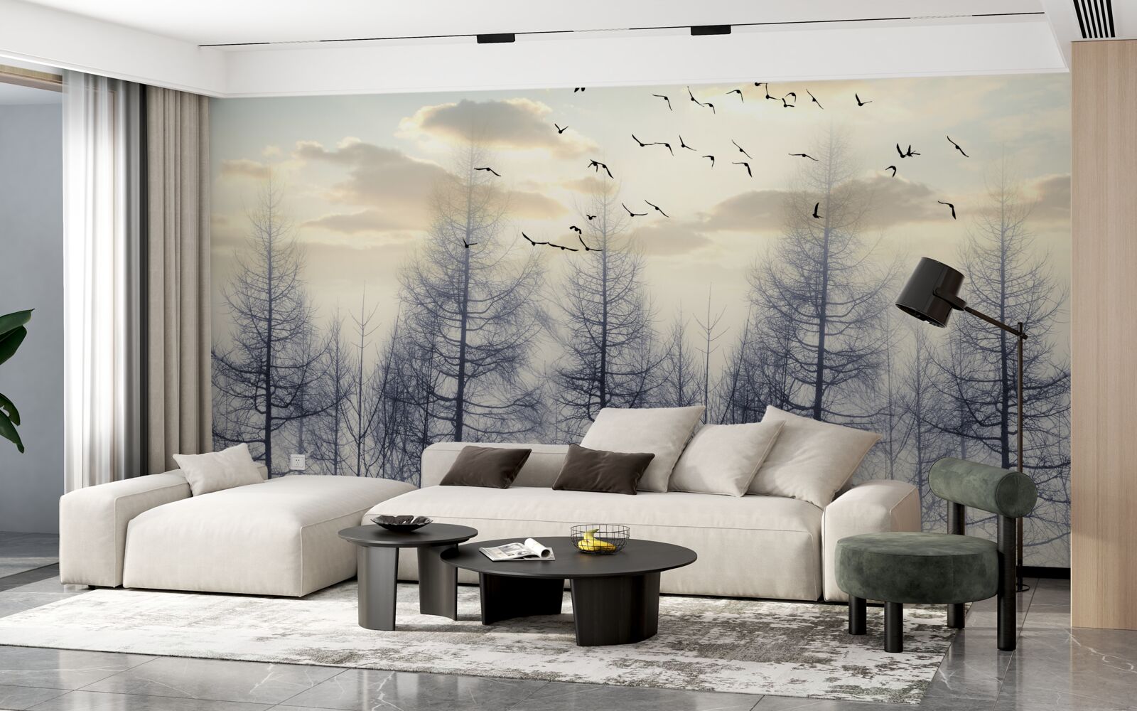 Fotobehang vroege dageraad in mistige bossen