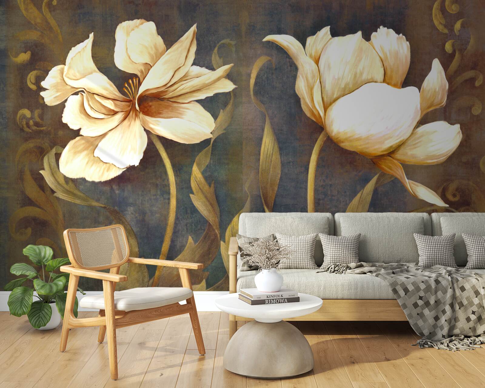 Fotobehang twee grote beige bloemen