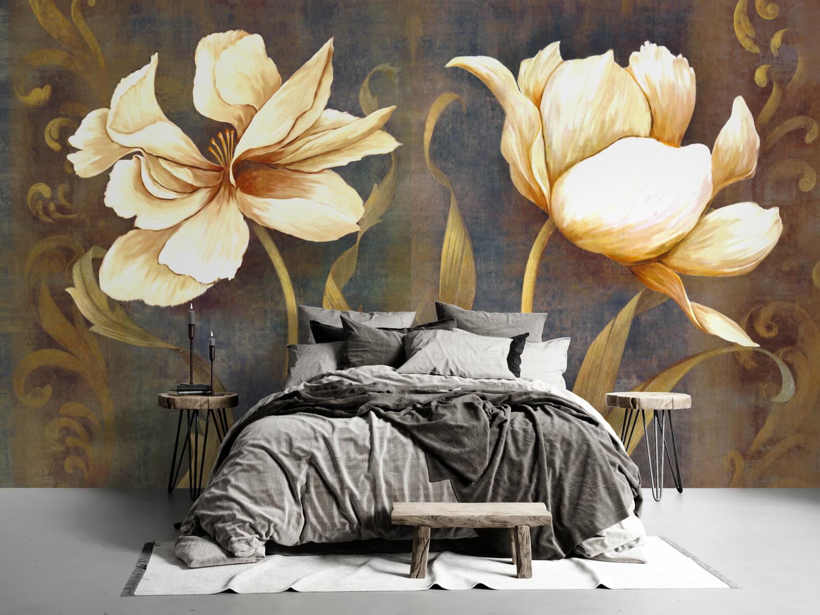 Fotobehang twee grote beige bloemen