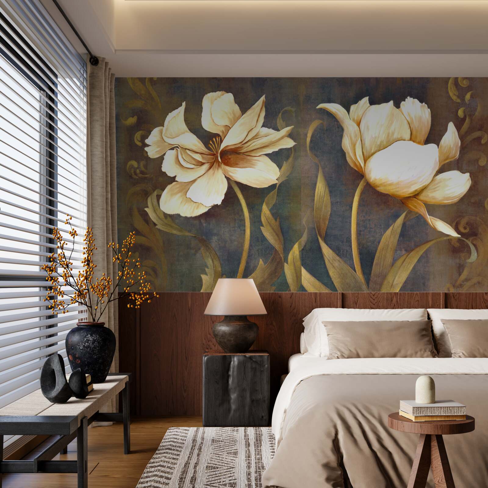 Fotobehang twee grote beige bloemen