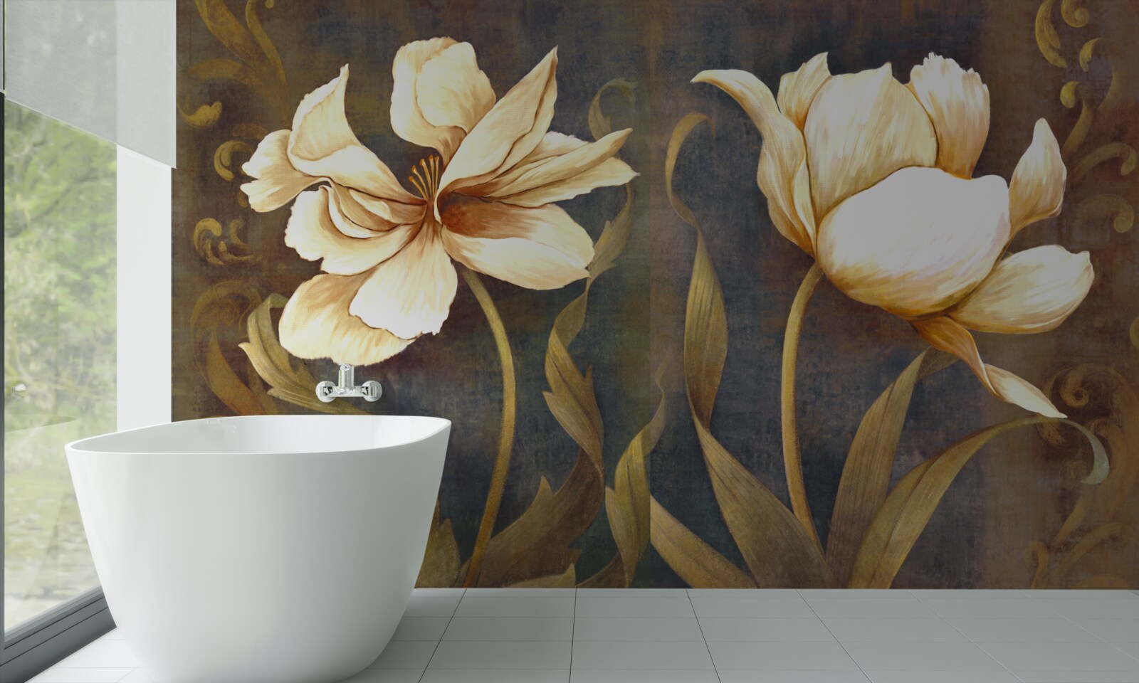 Fotobehang twee grote beige bloemen