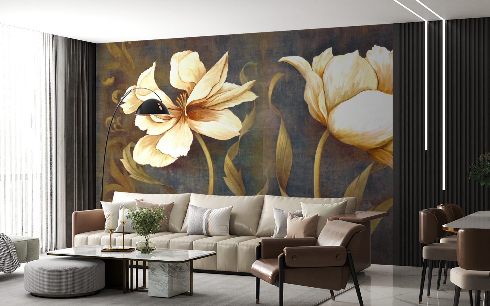 Fotobehang twee grote beige bloemen