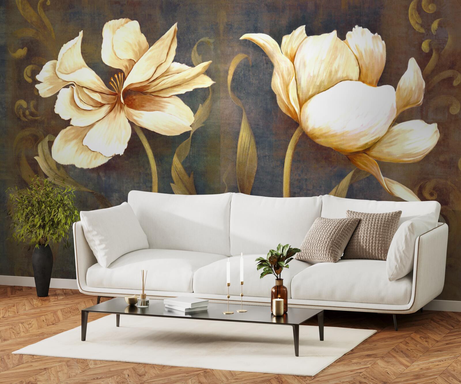 Fotobehang twee grote beige bloemen