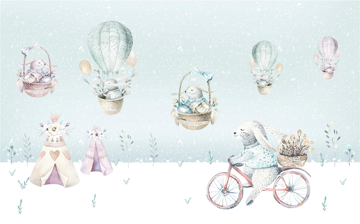 Fotobehang konijntjes rijden op ballonnen en fietsen