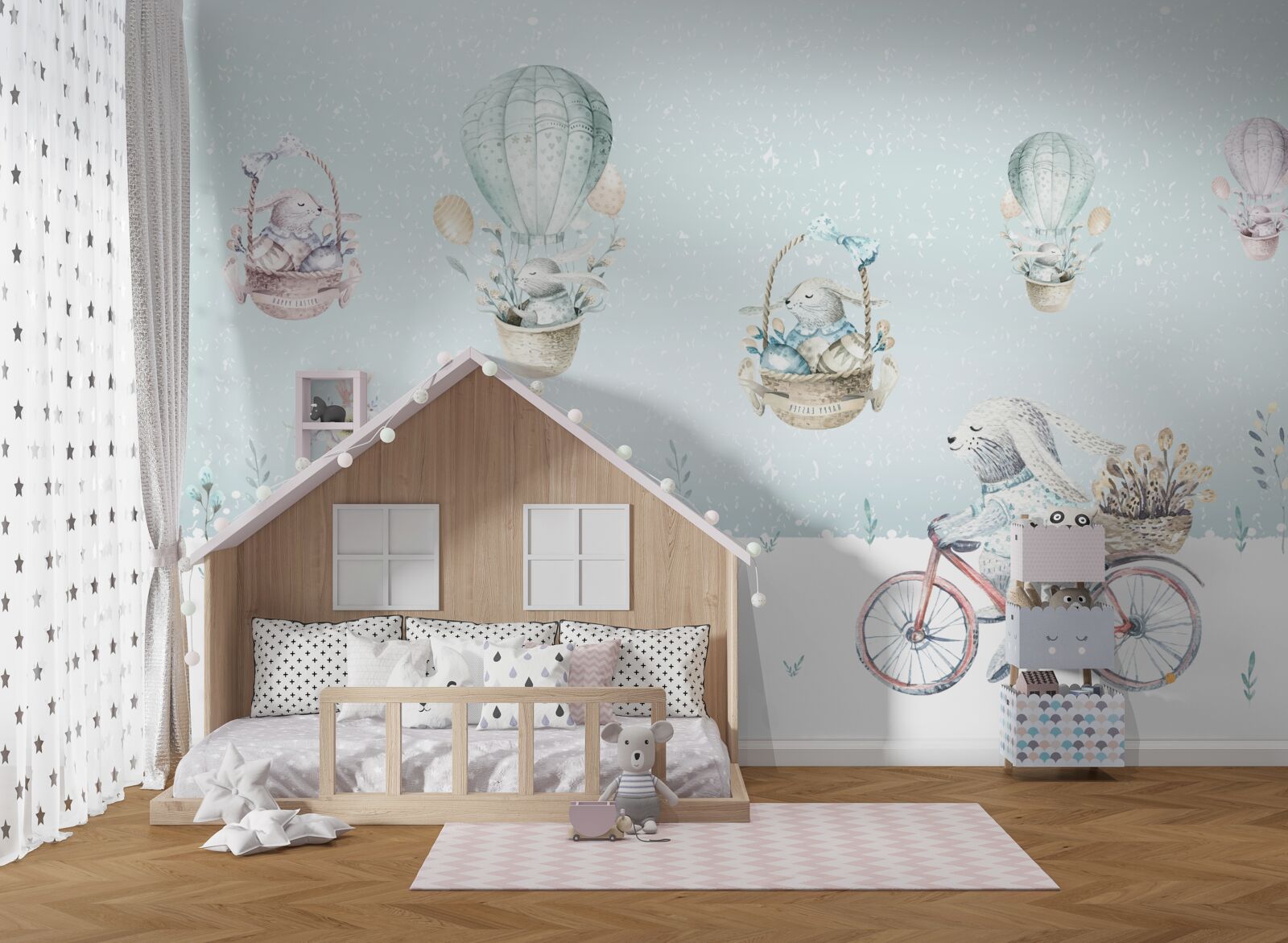 Fotobehang konijntjes rijden op ballonnen en fietsen