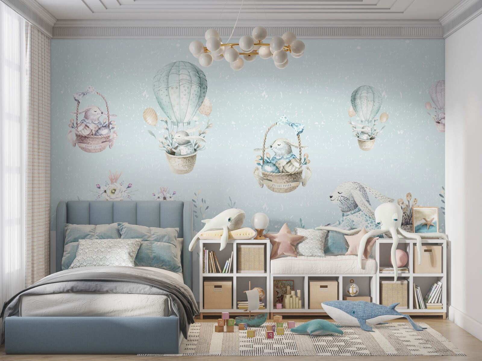 Fotobehang konijntjes rijden op ballonnen en fietsen