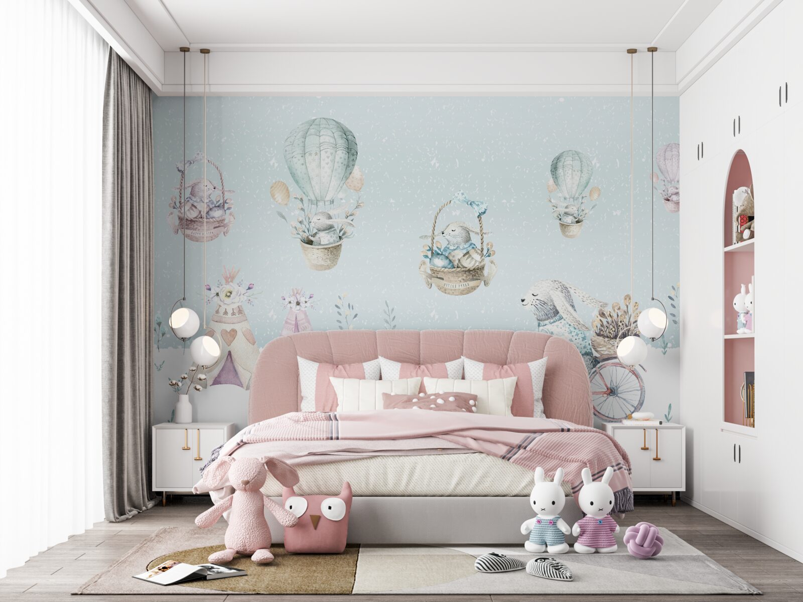 Fotobehang konijntjes rijden op ballonnen en fietsen