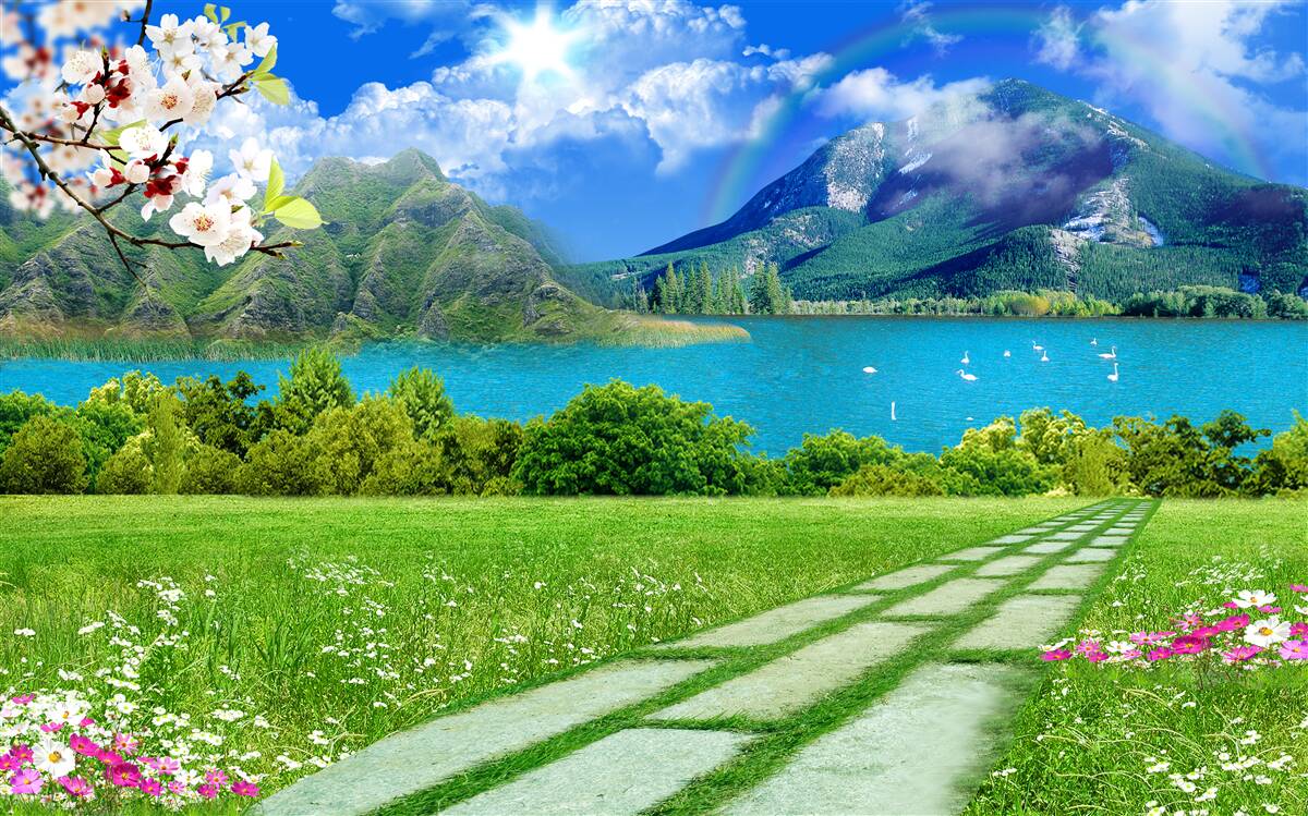 Fotobehang betoverend uitzicht op een bergmeer in de zomer