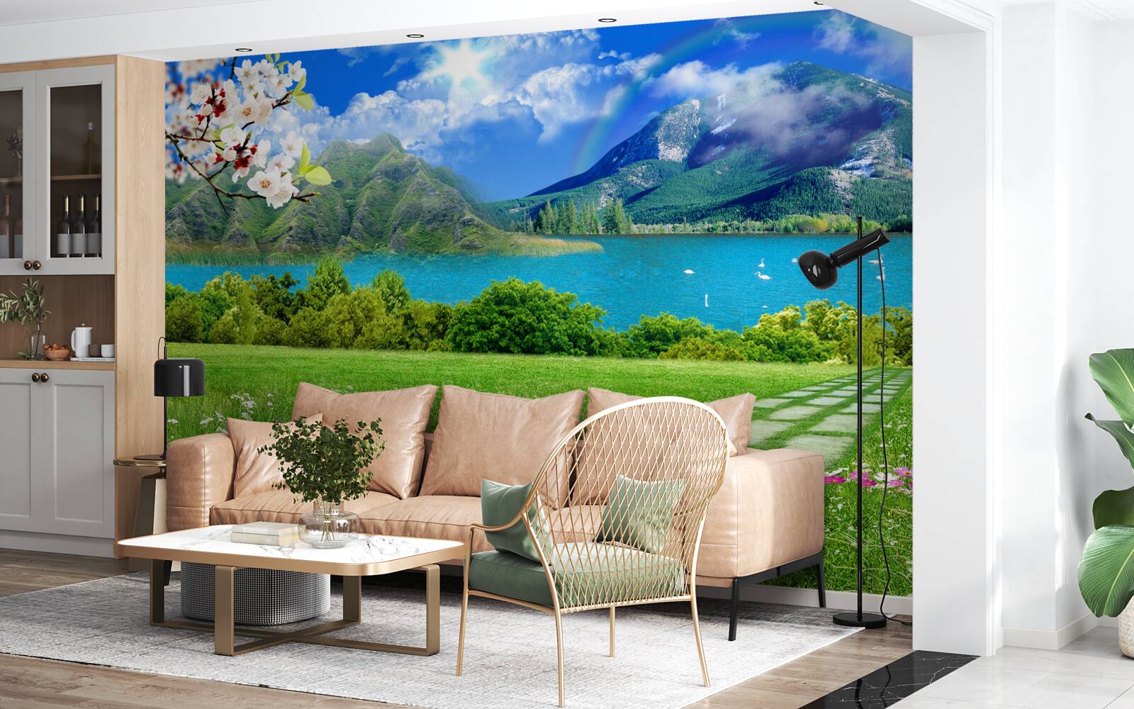 Fotobehang betoverend uitzicht op een bergmeer in de zomer