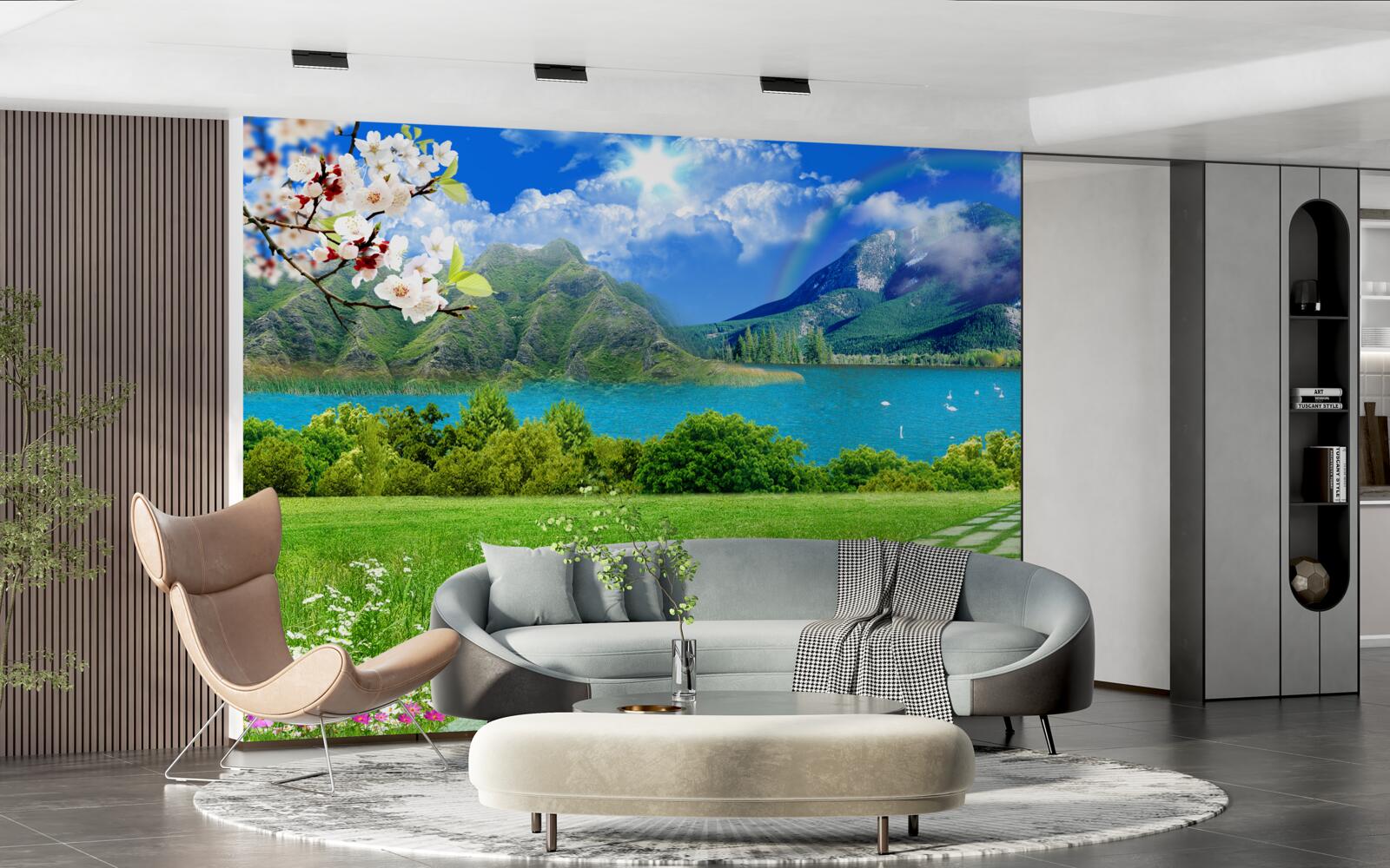 Fotobehang betoverend uitzicht op een bergmeer in de zomer