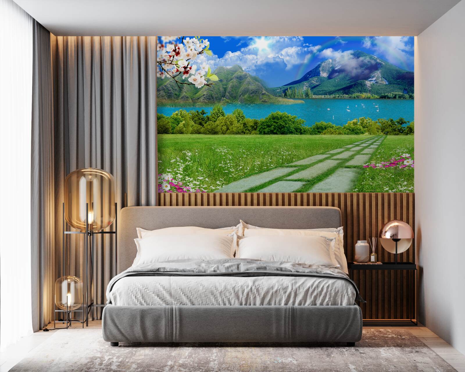 Fotobehang betoverend uitzicht op een bergmeer in de zomer