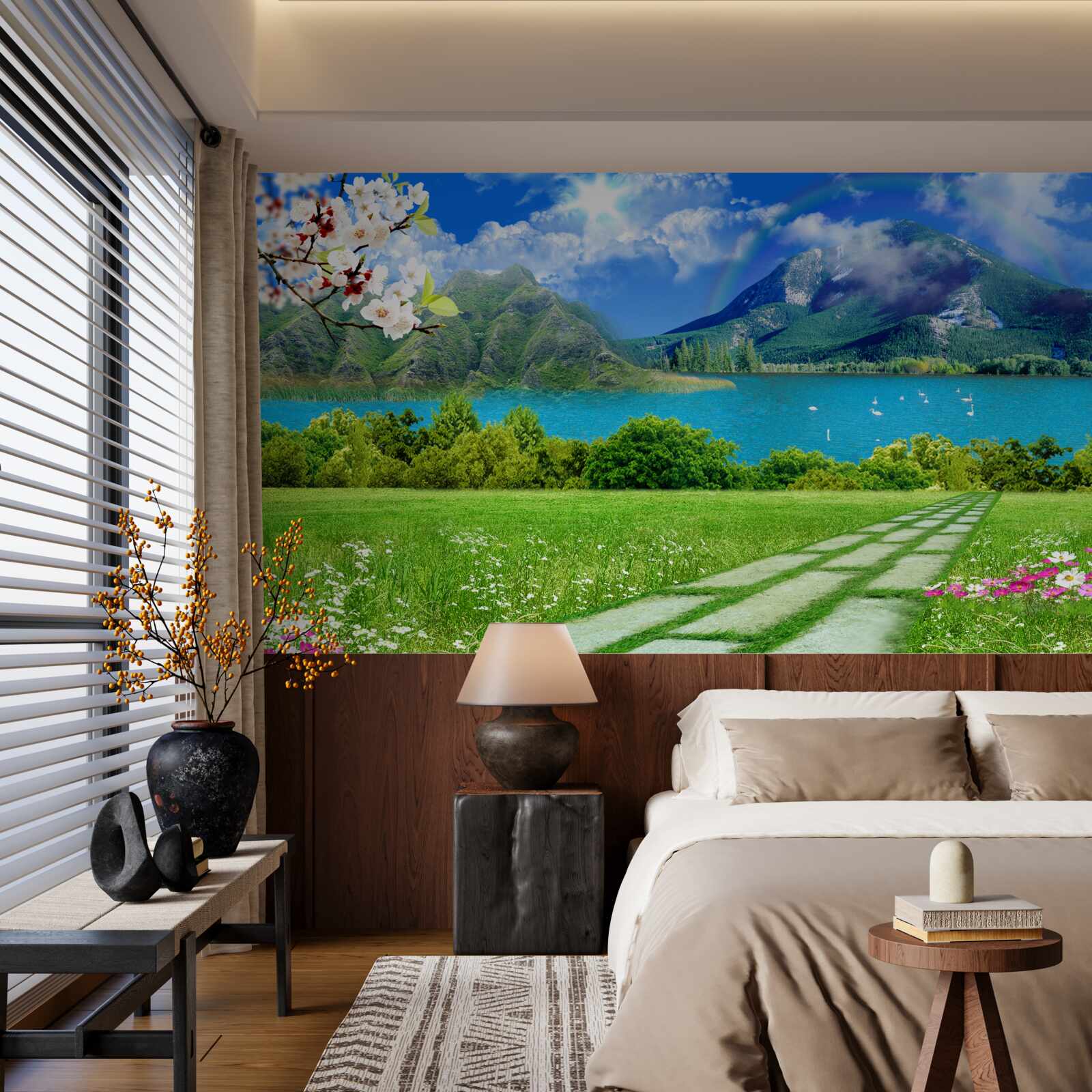 Fotobehang betoverend uitzicht op een bergmeer in de zomer